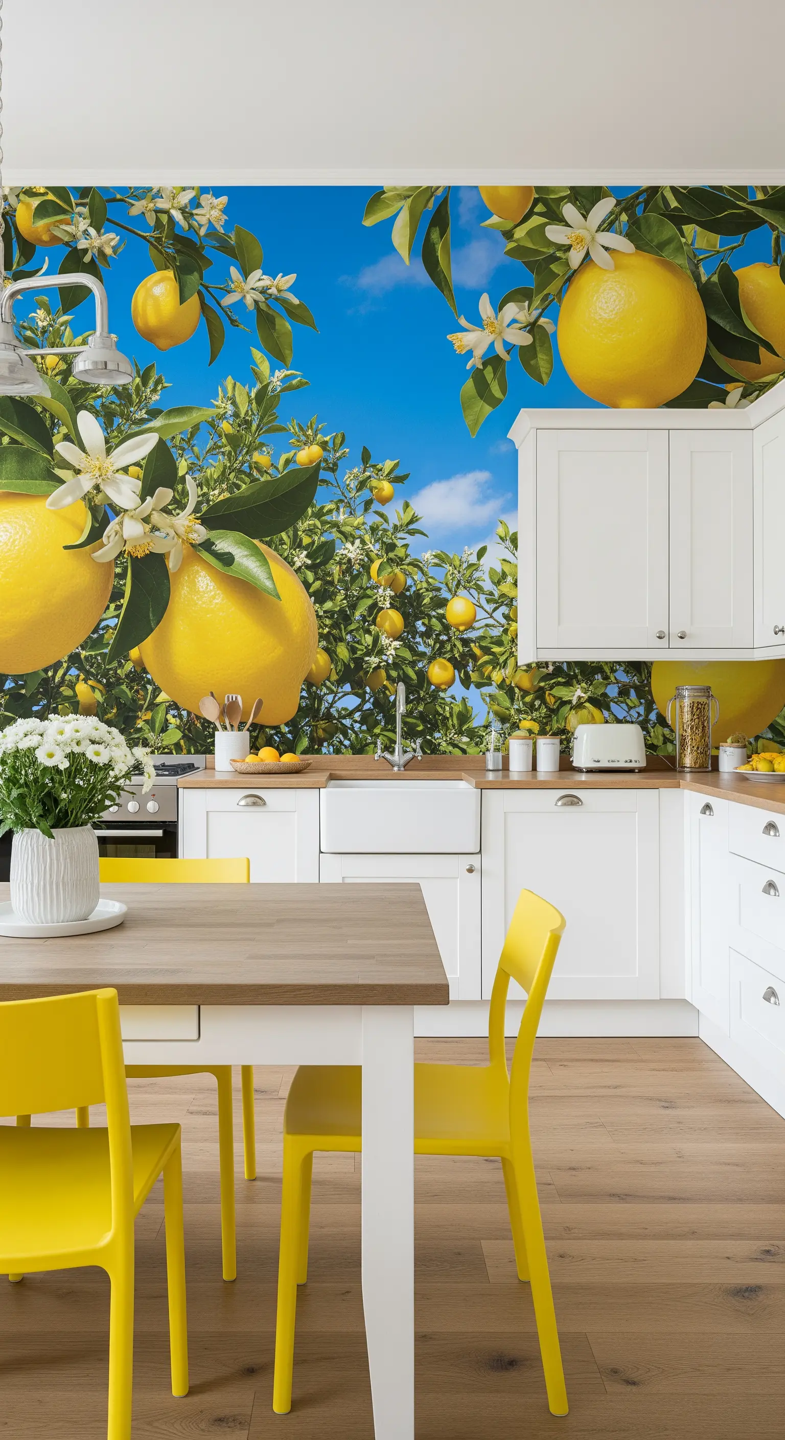 Cucina bianca con murale a tema limonaia e sedie di un giallo acceso.