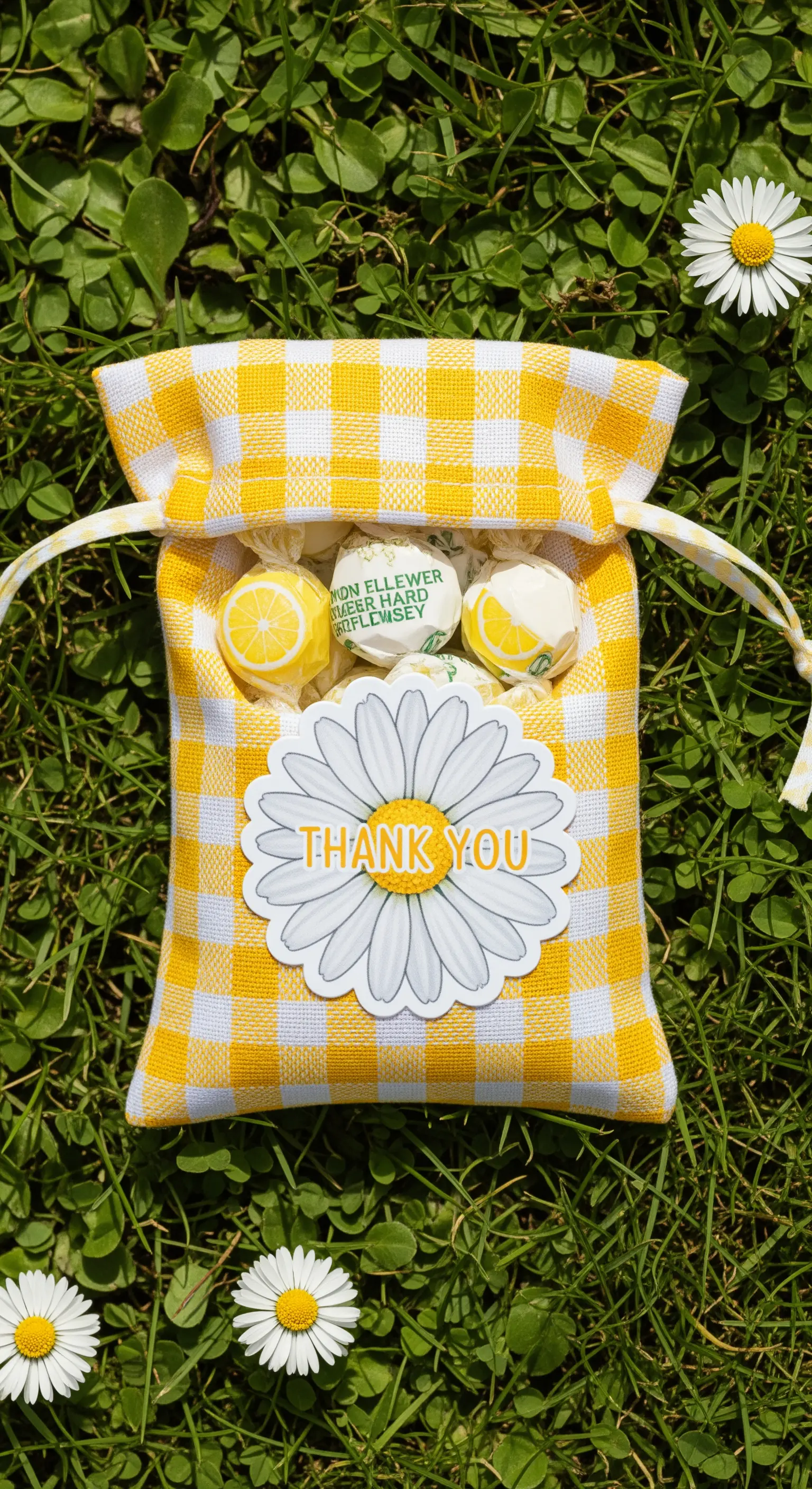 Sacchetto a quadretti Vichy gialli e bianchi con un adesivo a forma di margherita.