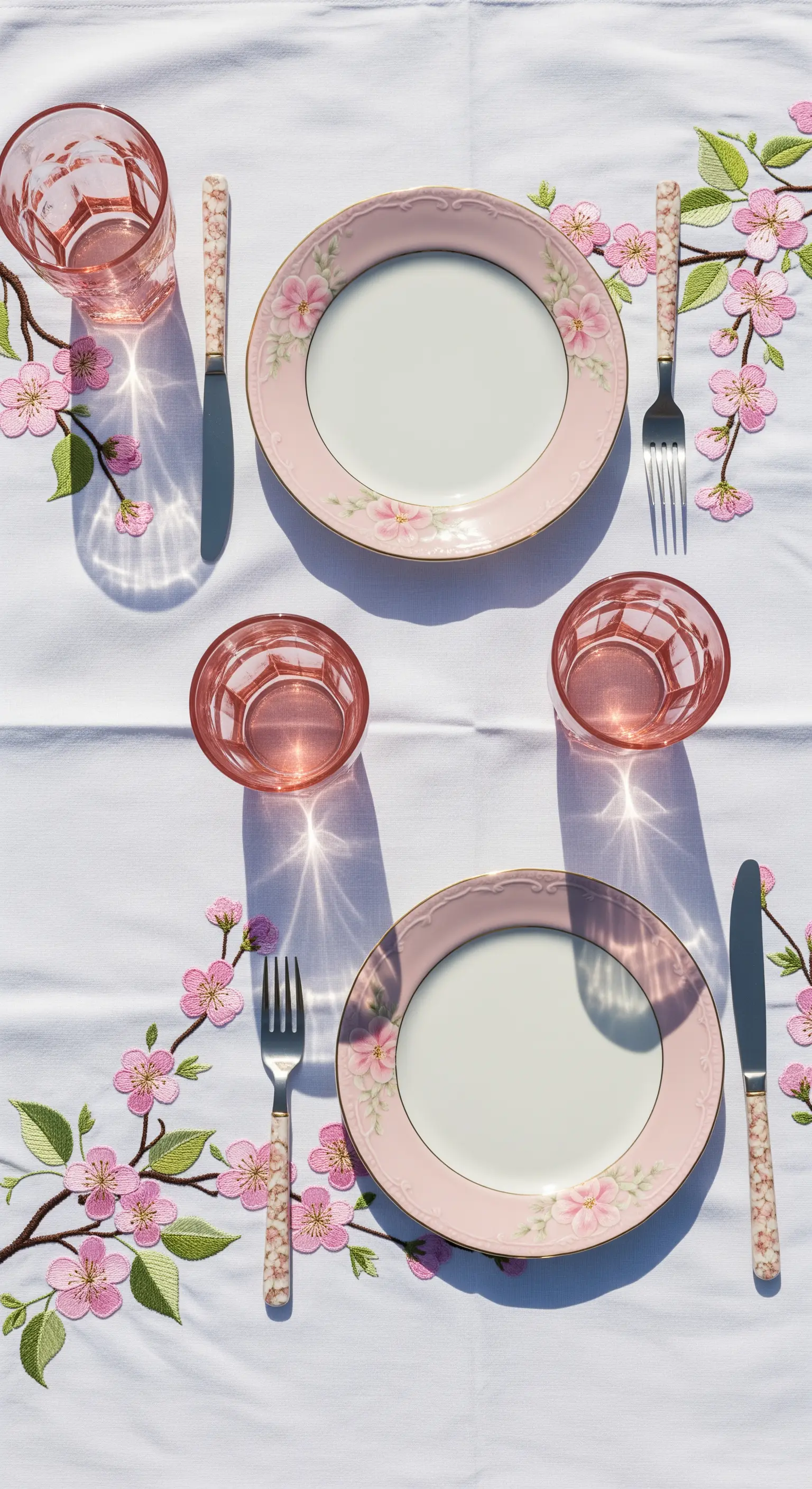 Tavola primaverile con tovaglia ricamata a fiori di ciliegio e piatti e bicchieri rosa.