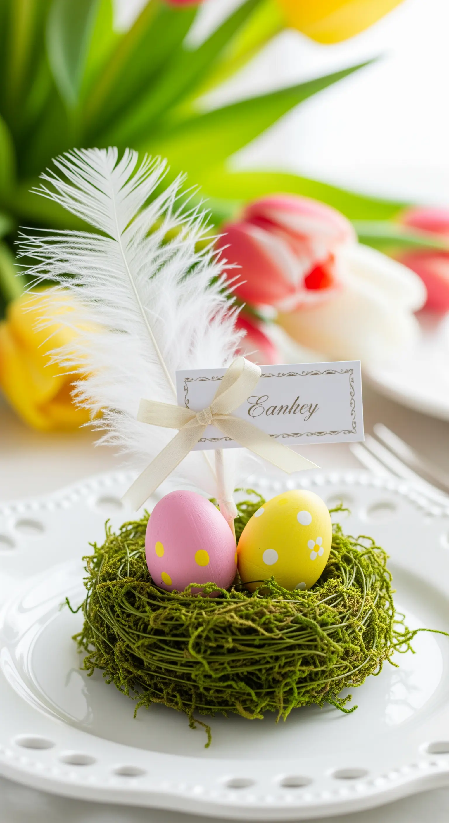 Nido di muschio verde con uova pastello e piuma bianca.