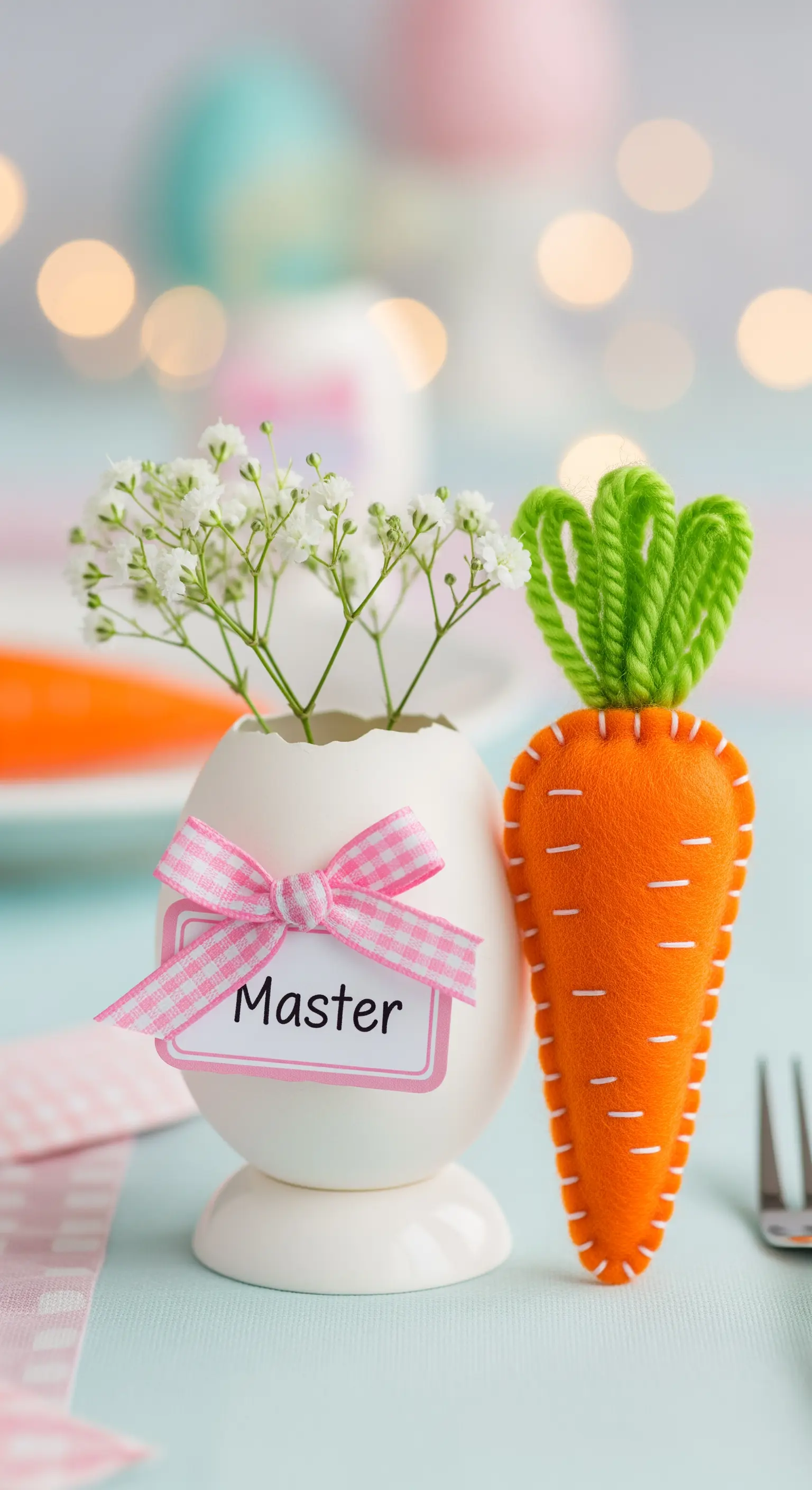Segnaposto con guscio d'uovo come vaso, fiori bianchi, carota in feltro e fiocco rosa.
