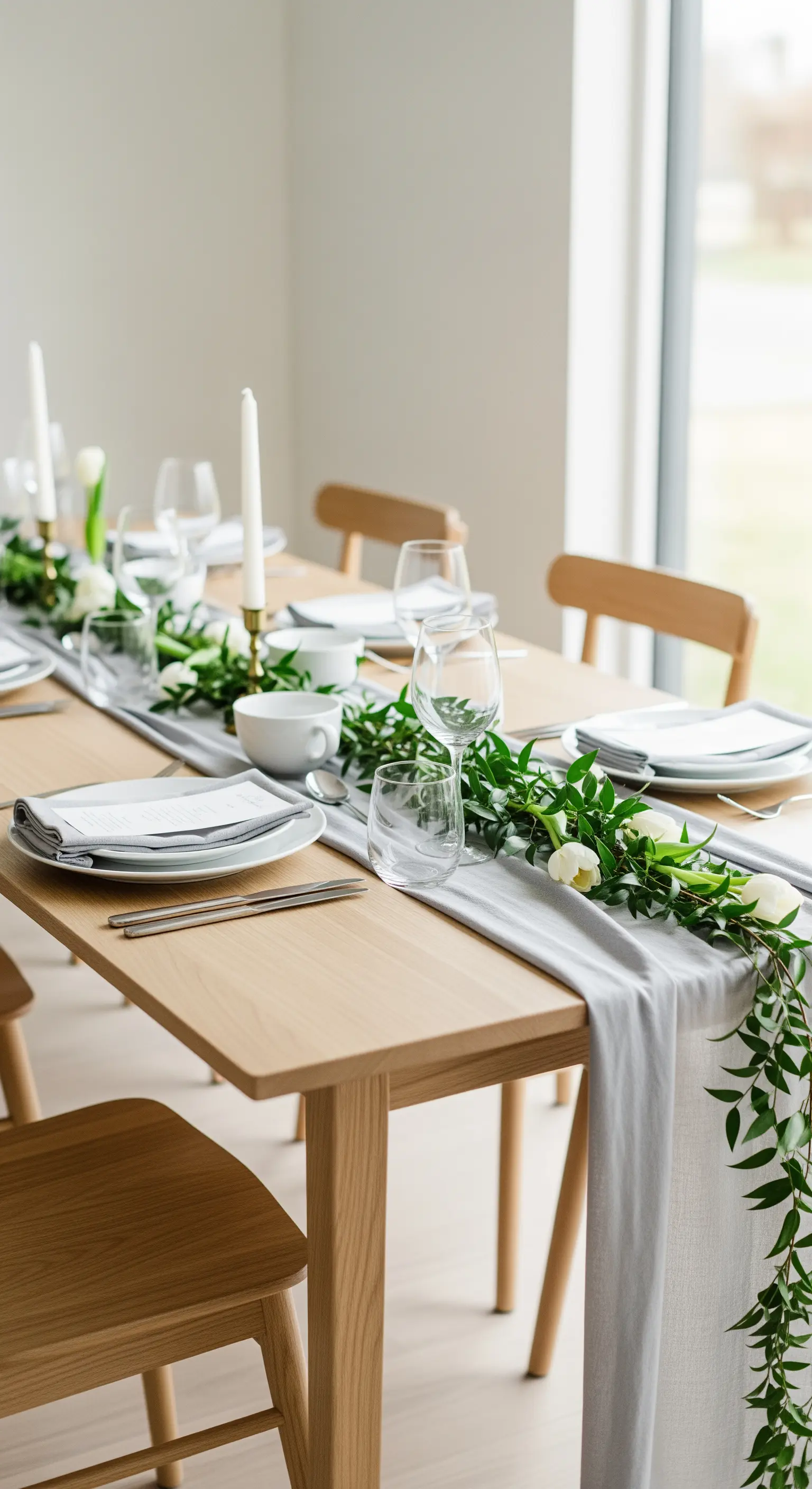 Tavola in legno chiaro con runner grigio e una lunga ghirlanda di verde fresco.