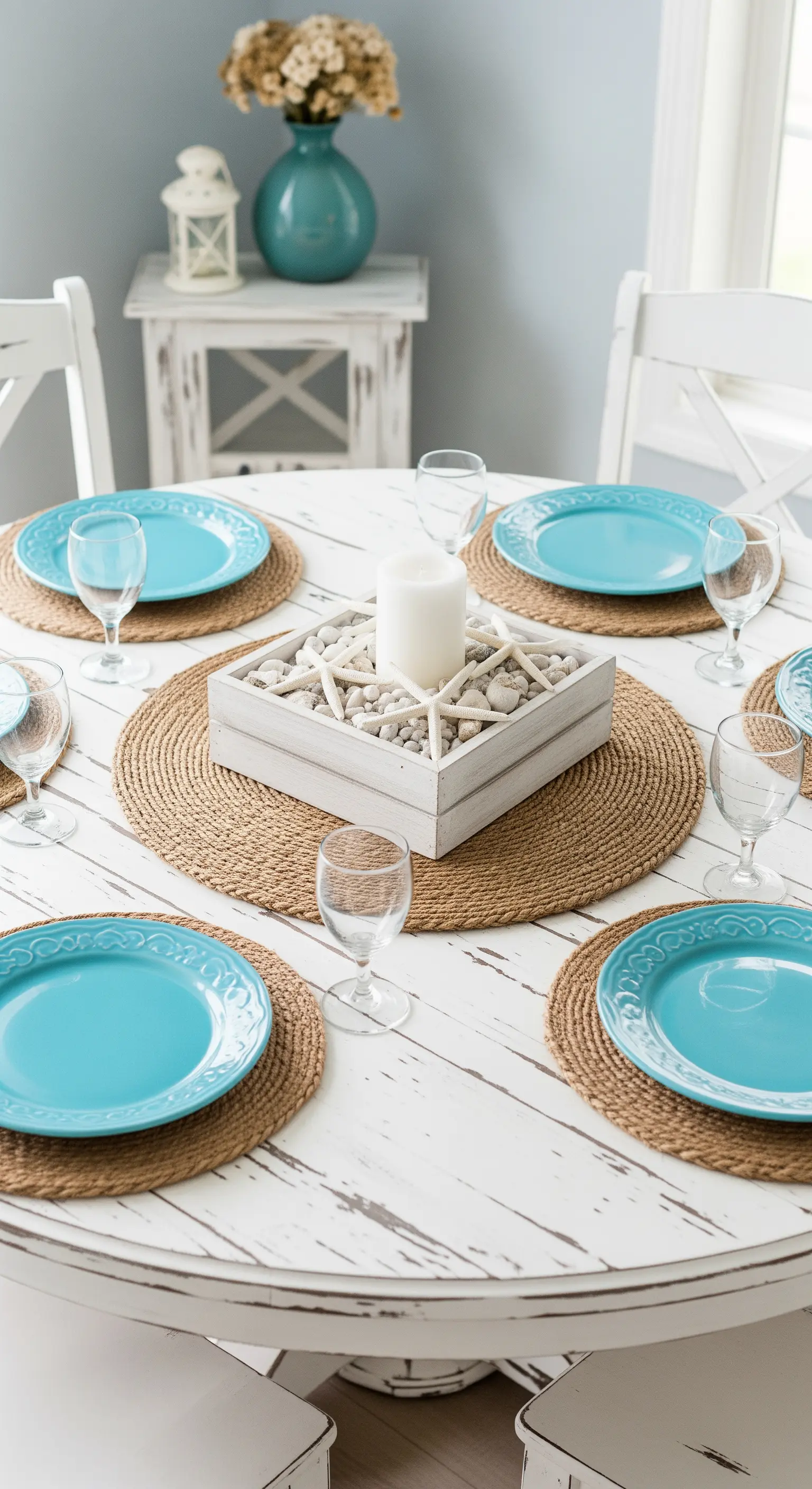 Tavola rotonda shabby chic con centrotavola a tema marino e piatti turchesi.