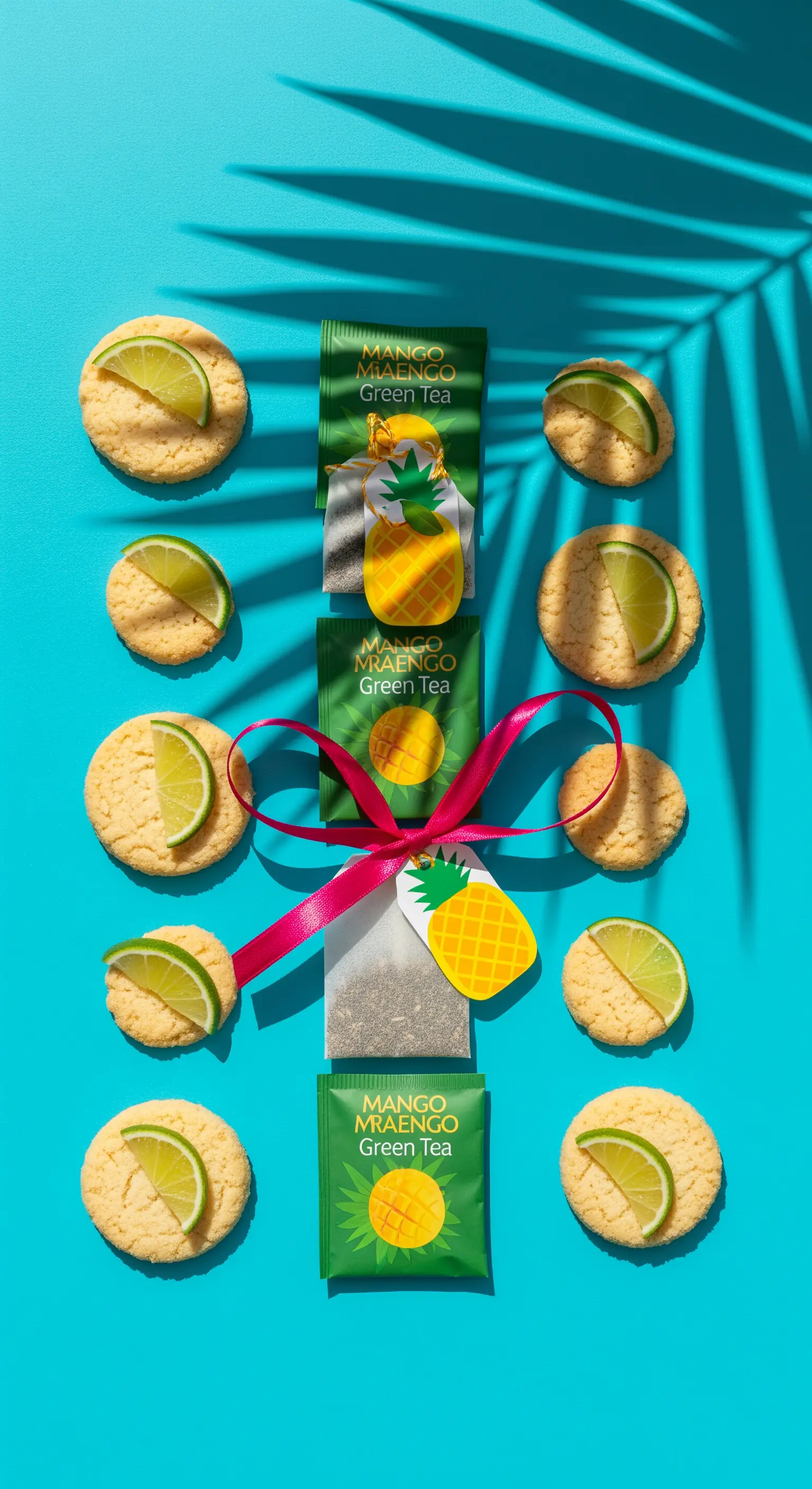 Biscotti al lime e bustine di tè al mango con grafica tropicale su sfondo turchese.