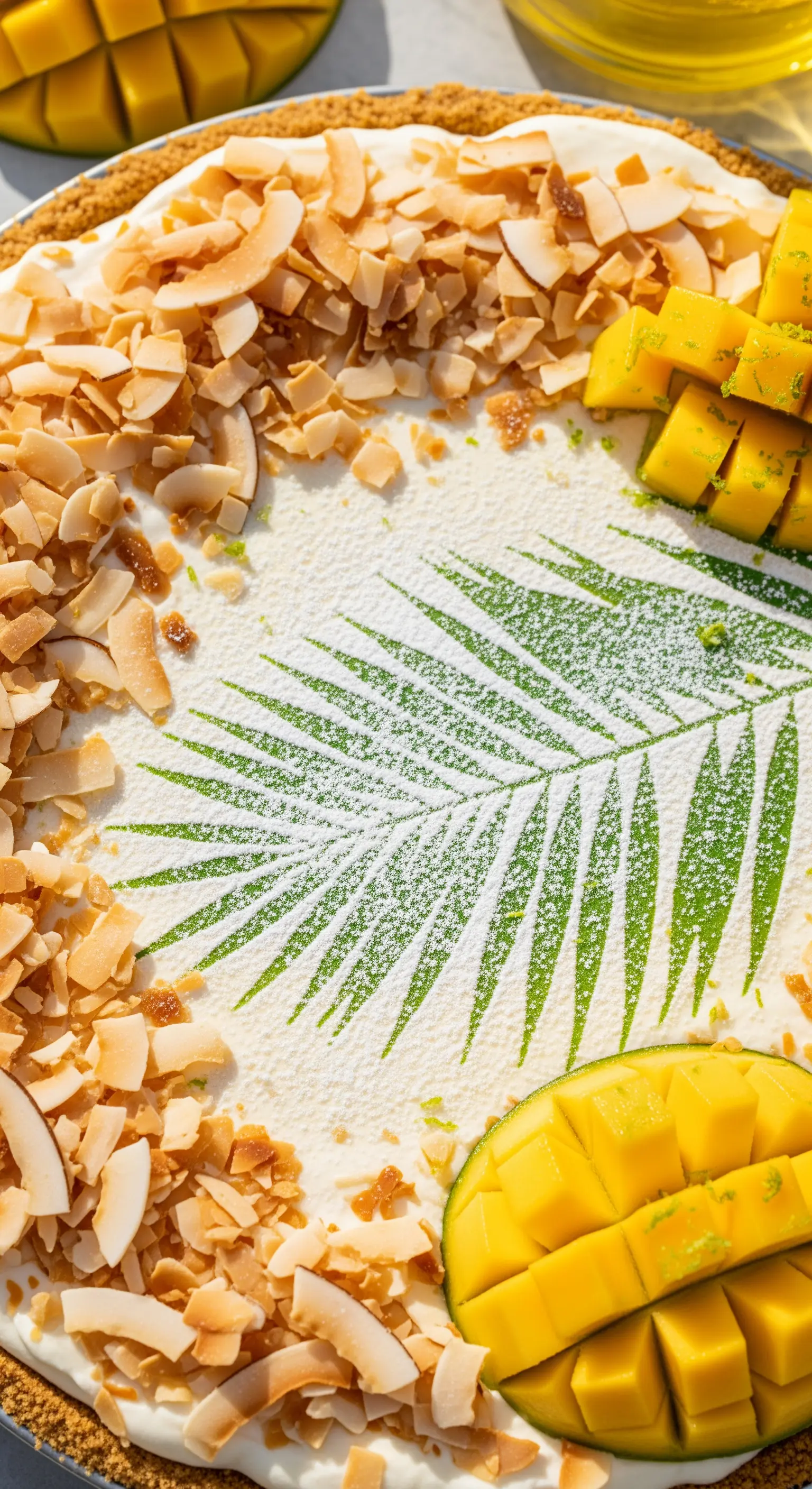 Torta bianca decorata con l'impronta di una foglia di palma, mango e cocco tostato.