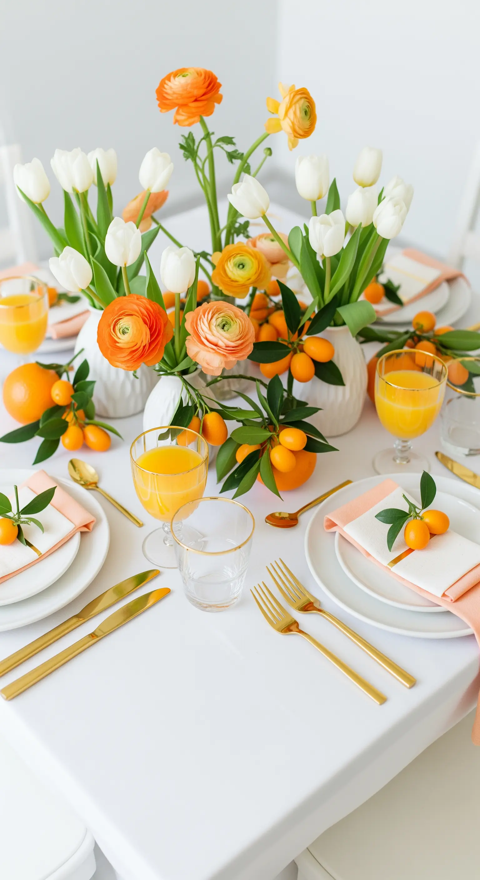 Tavola bianca e luminosa con fiori arancioni, agrumi, tovaglioli pesca e posate dorate.