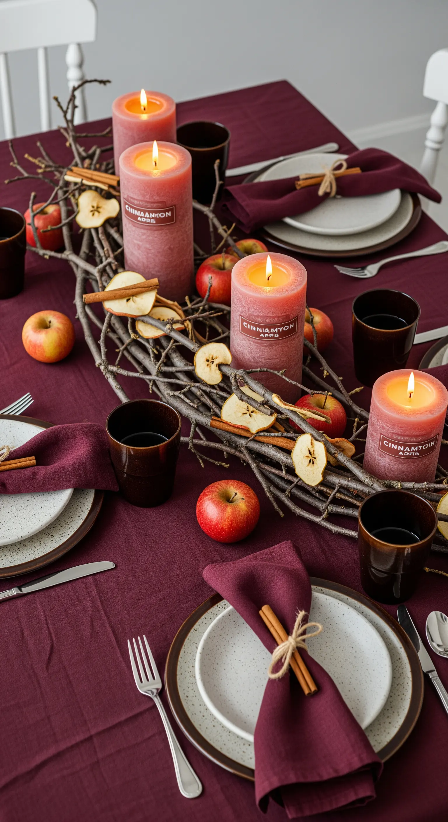 Centrotavola con rami secchi, mele rosse, fette di mela essiccate e grandi candele.