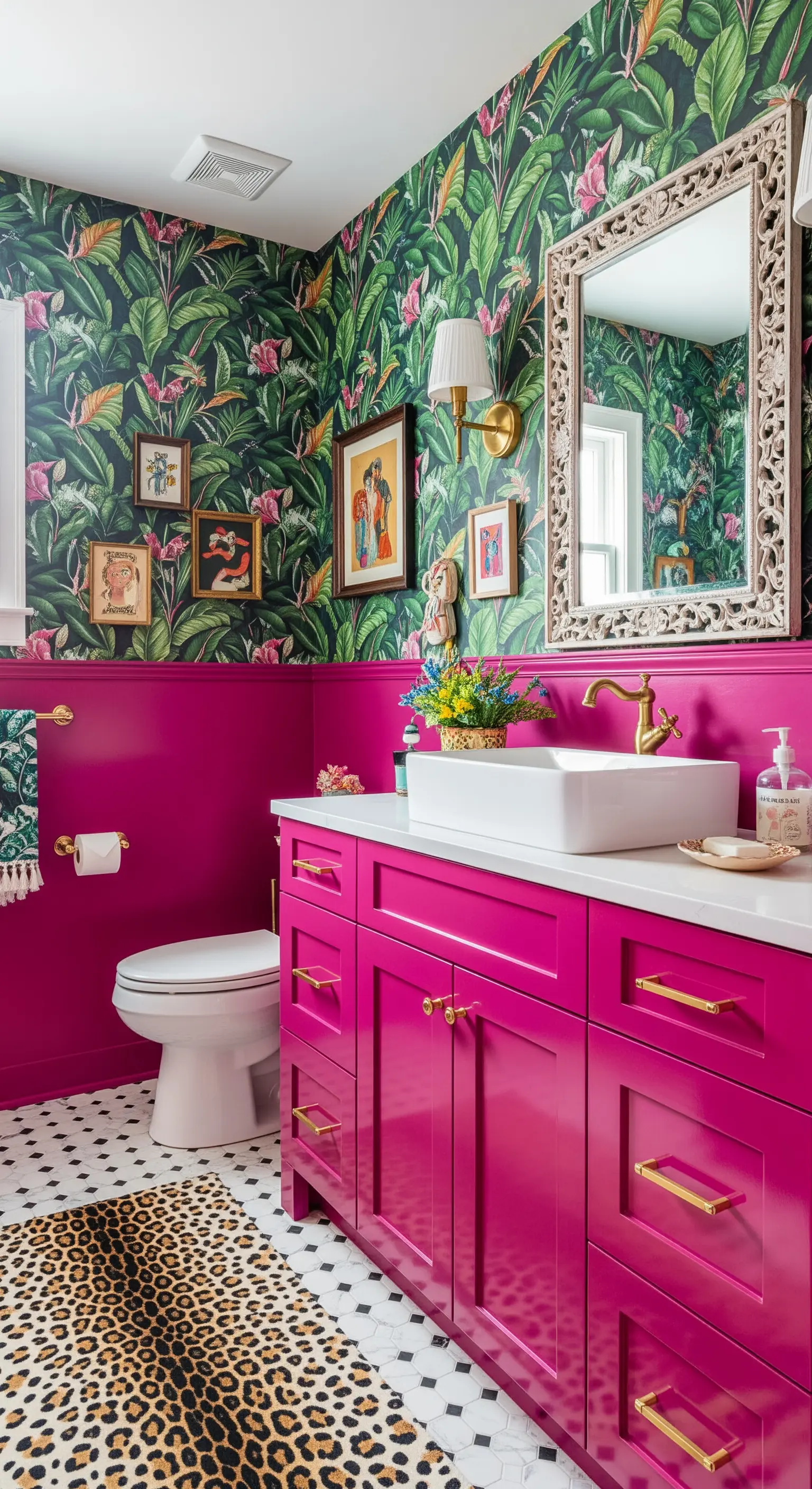 Bagno massimalista con parete fucsia, carta da parati tropicale e tappeto leopardato.