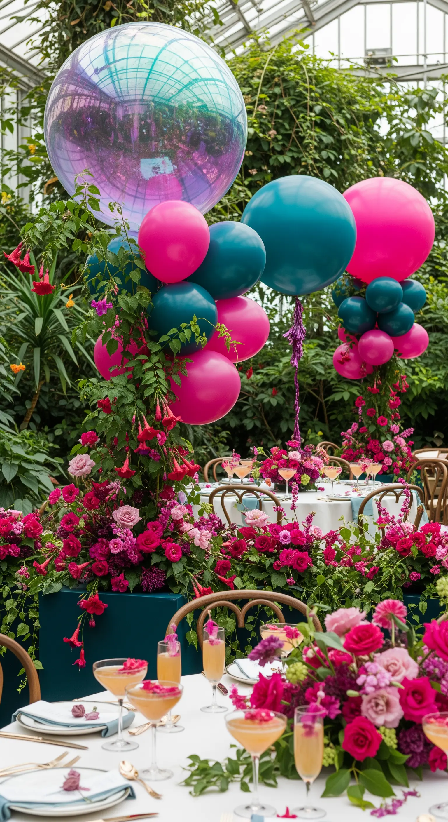 Allestimento in un giardino botanico con palloncini fucsia e teal tra le piante.