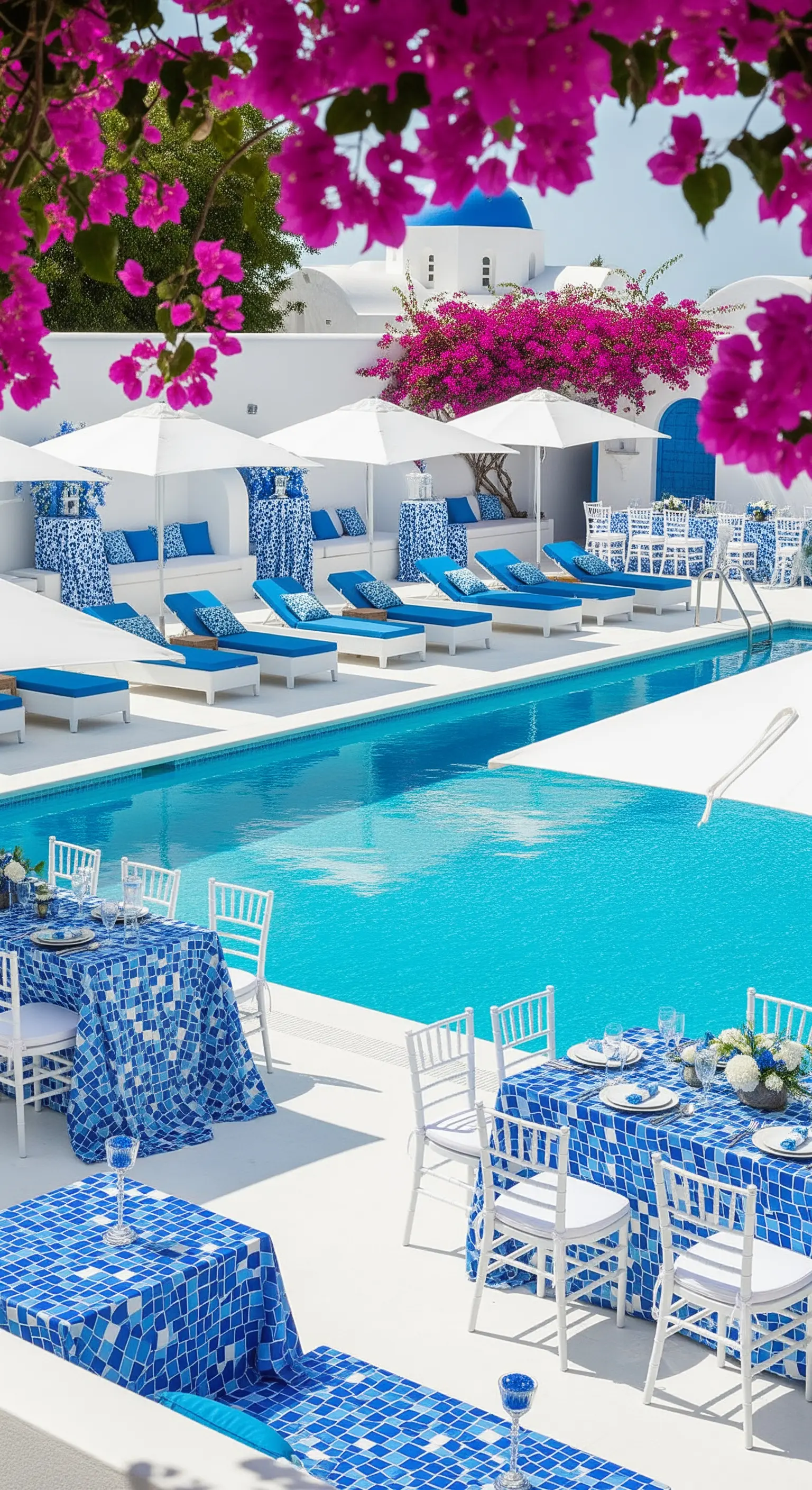 Allestimento a bordo piscina in stile greco, con tavoli e cuscini blu e bianchi.