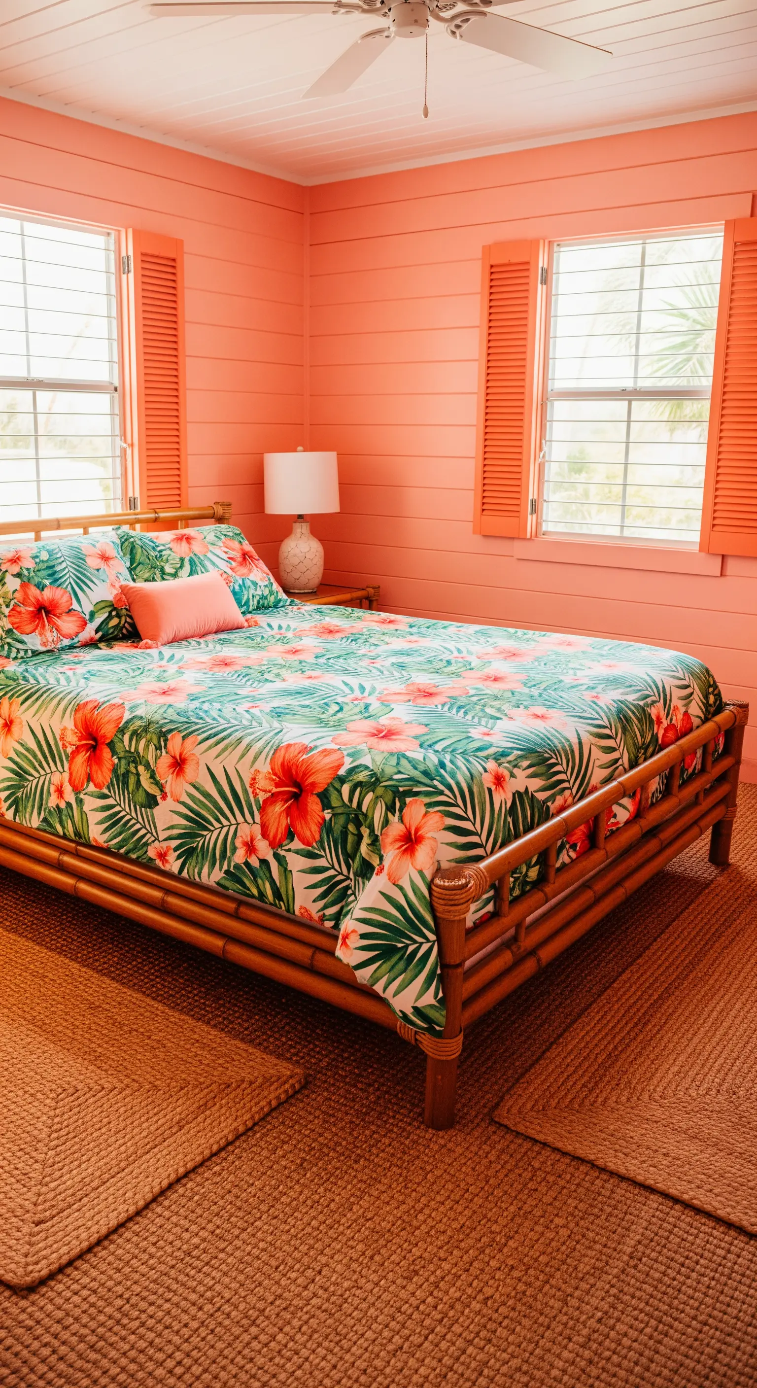 Letto in bambù con lenzuola a motivi tropicali in una camera con pareti color corallo.