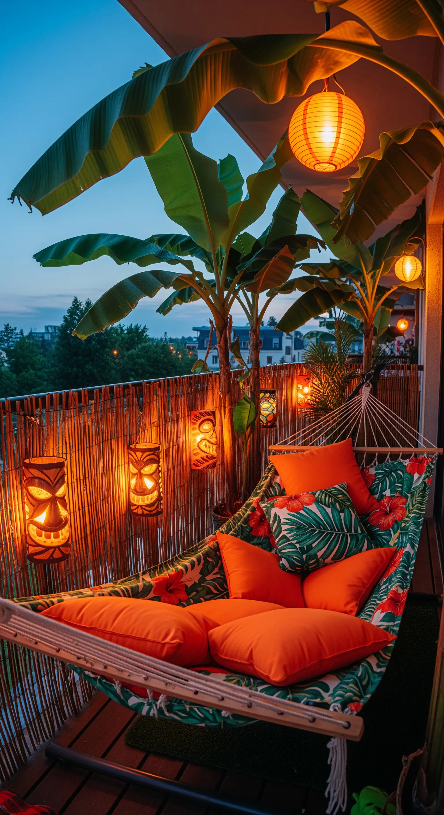 Balcone a tema tiki con lanterne, recinzione in bambù e amaca a fantasia tropicale.
