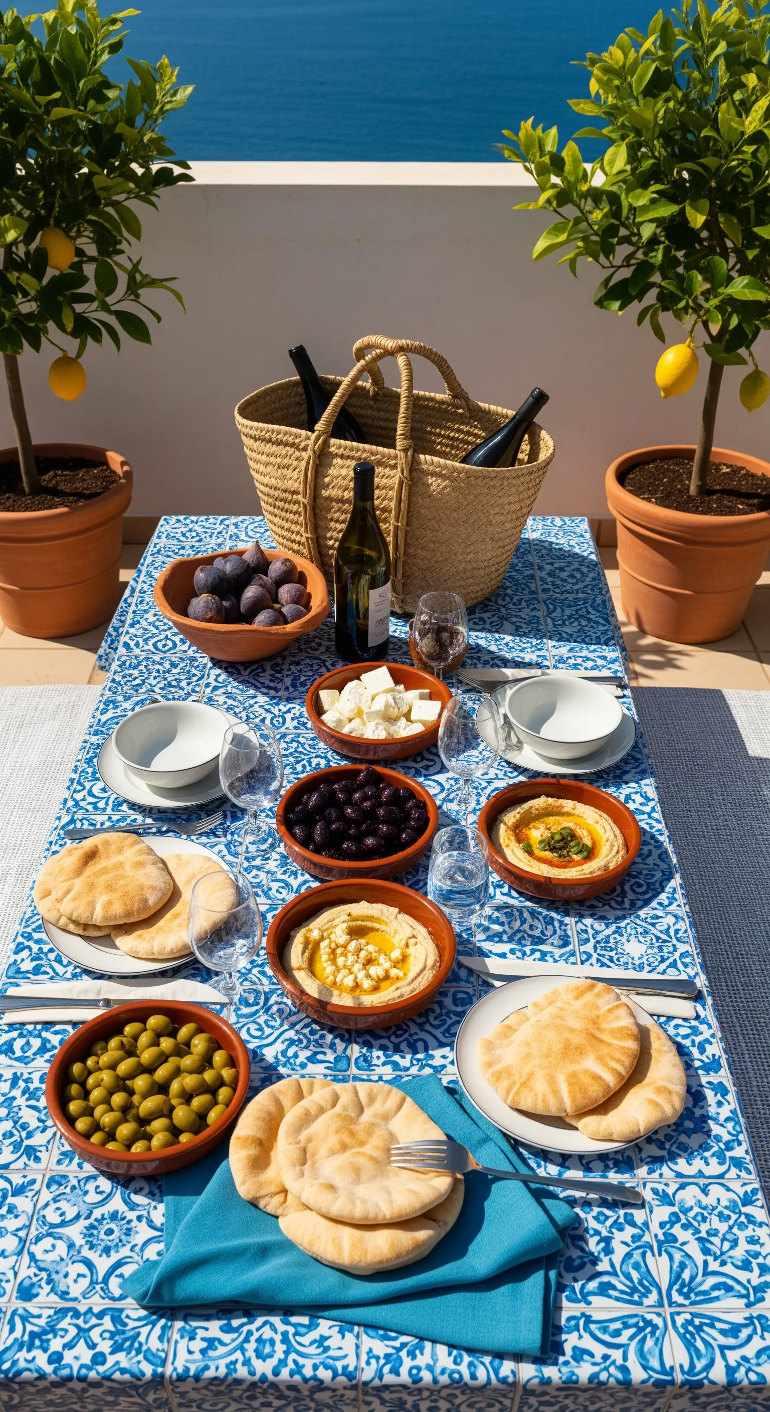 Tavolo da picnic su una terrazza con tovaglia a stampa maiolica, cibo greco e piante di limoni.