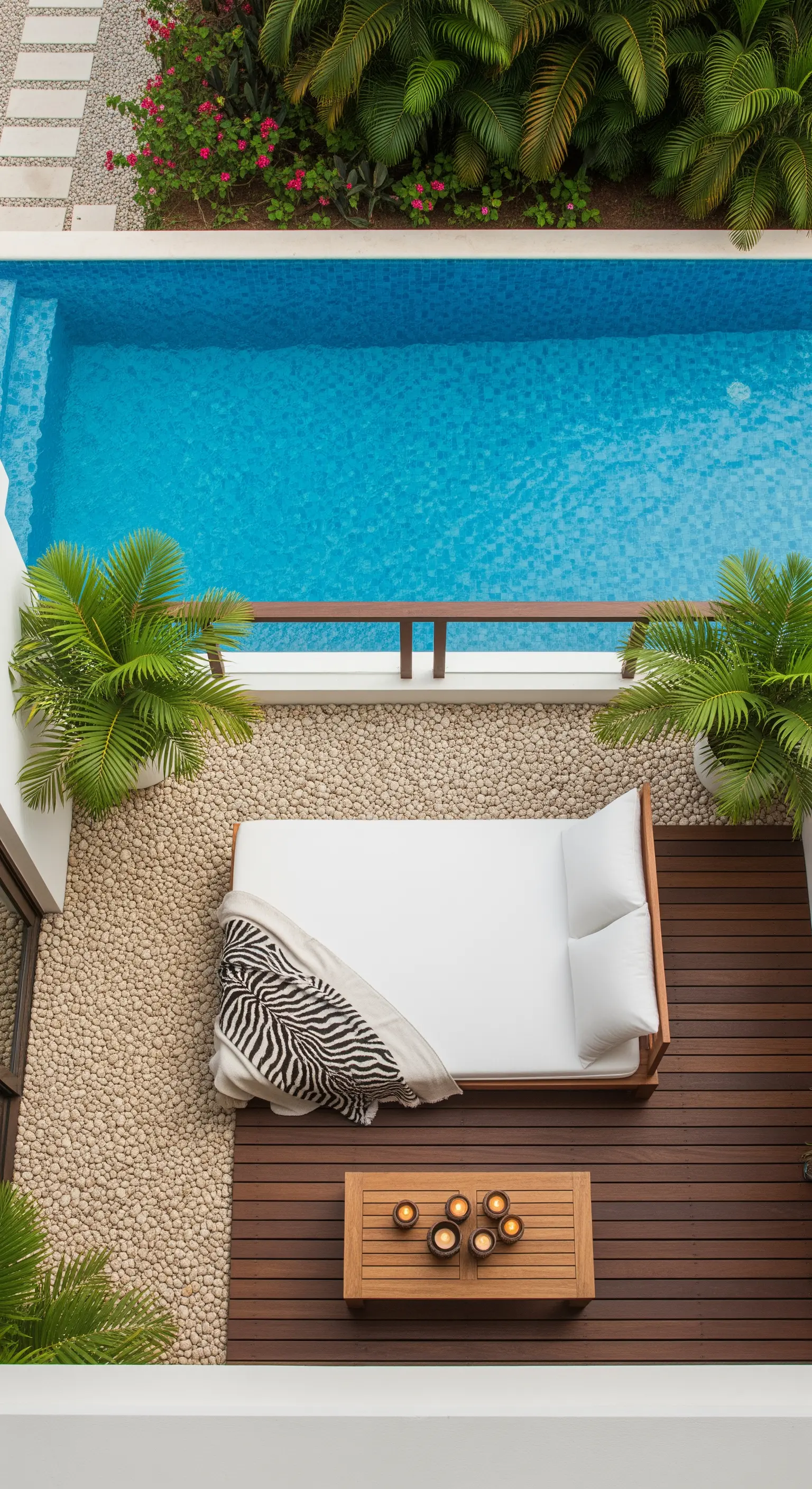 Terrazza minimalista con letto da esterno in legno, ciottoli e vista sulla piscina.