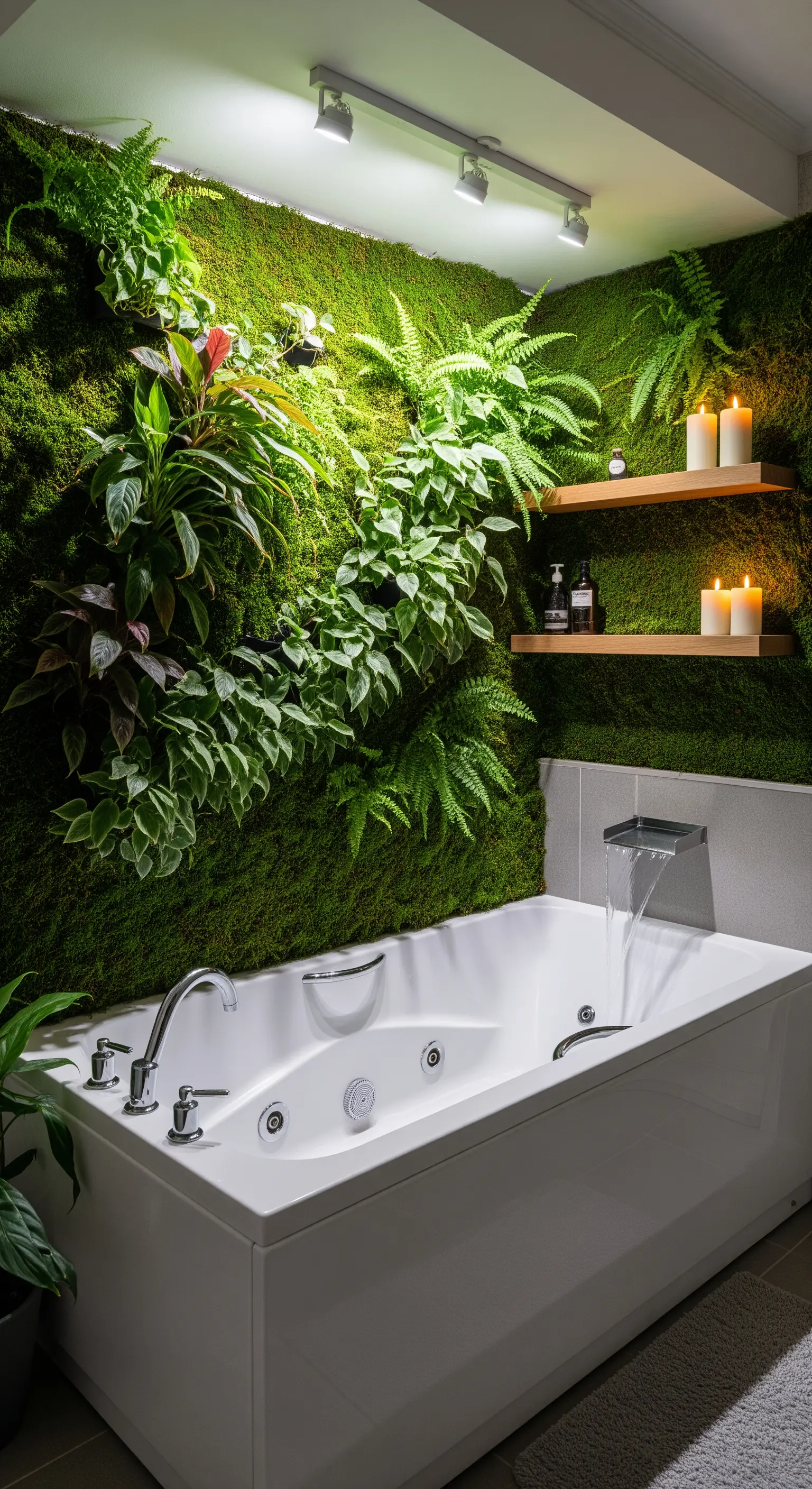 Vasca idromassaggio bianca addossata a una parete interamente ricoperta di piante e muschio.