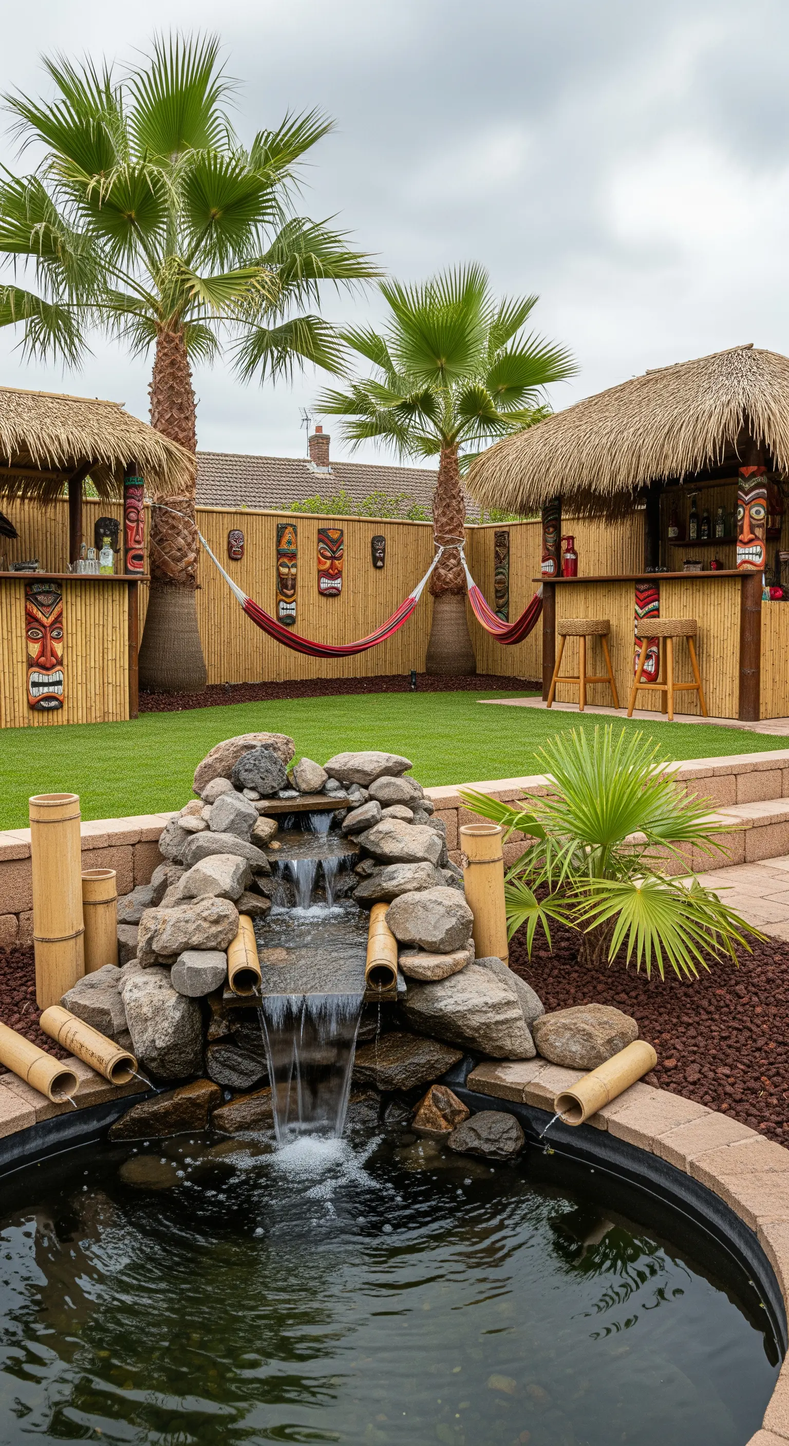 Giardino a tema tiki con bar, amaca, cascata e maschere polinesiane.