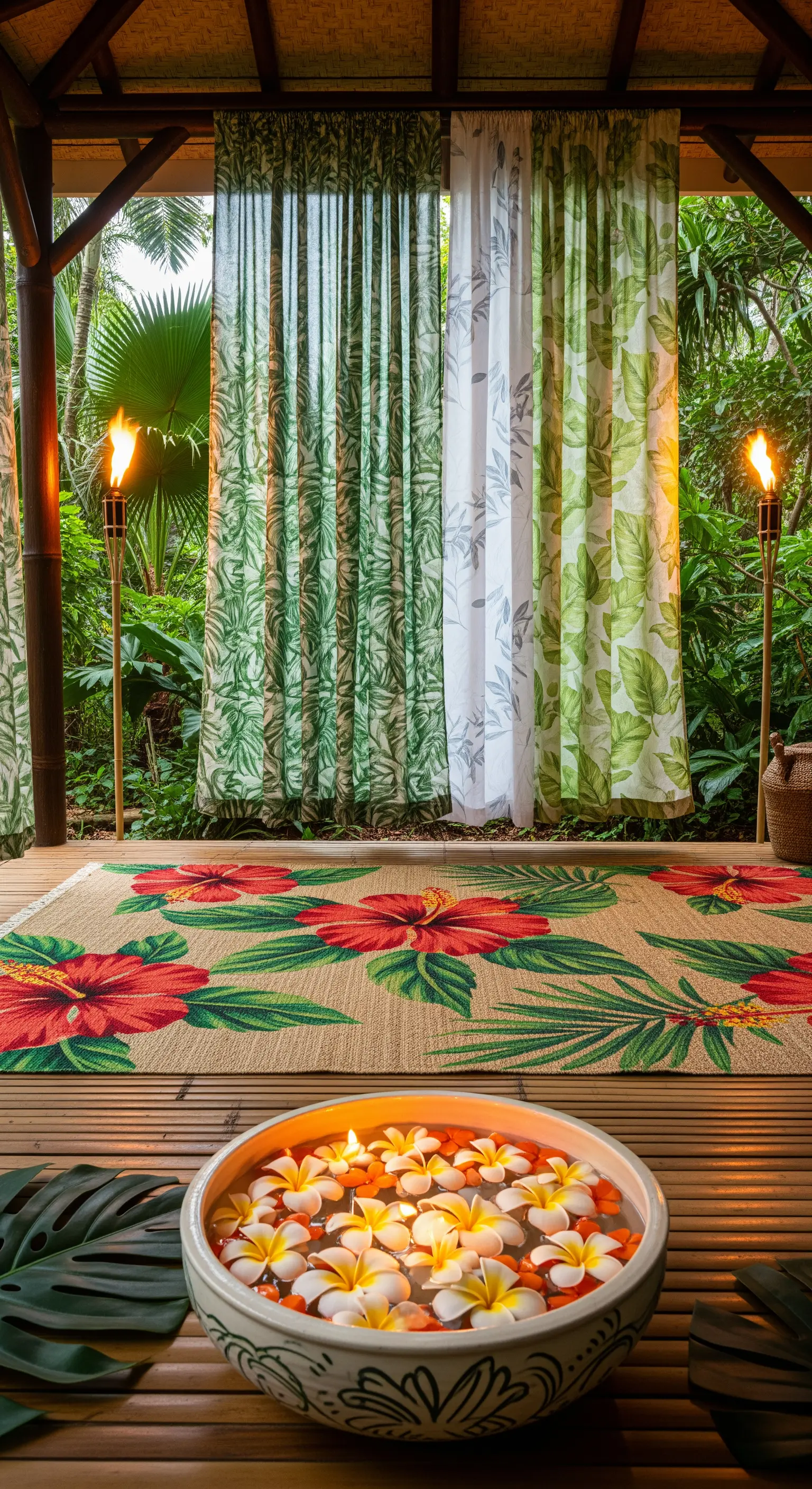 Patio tropicale con tappeto a motivo ibisco, torce tiki e una ciotola con fiori galleggianti.