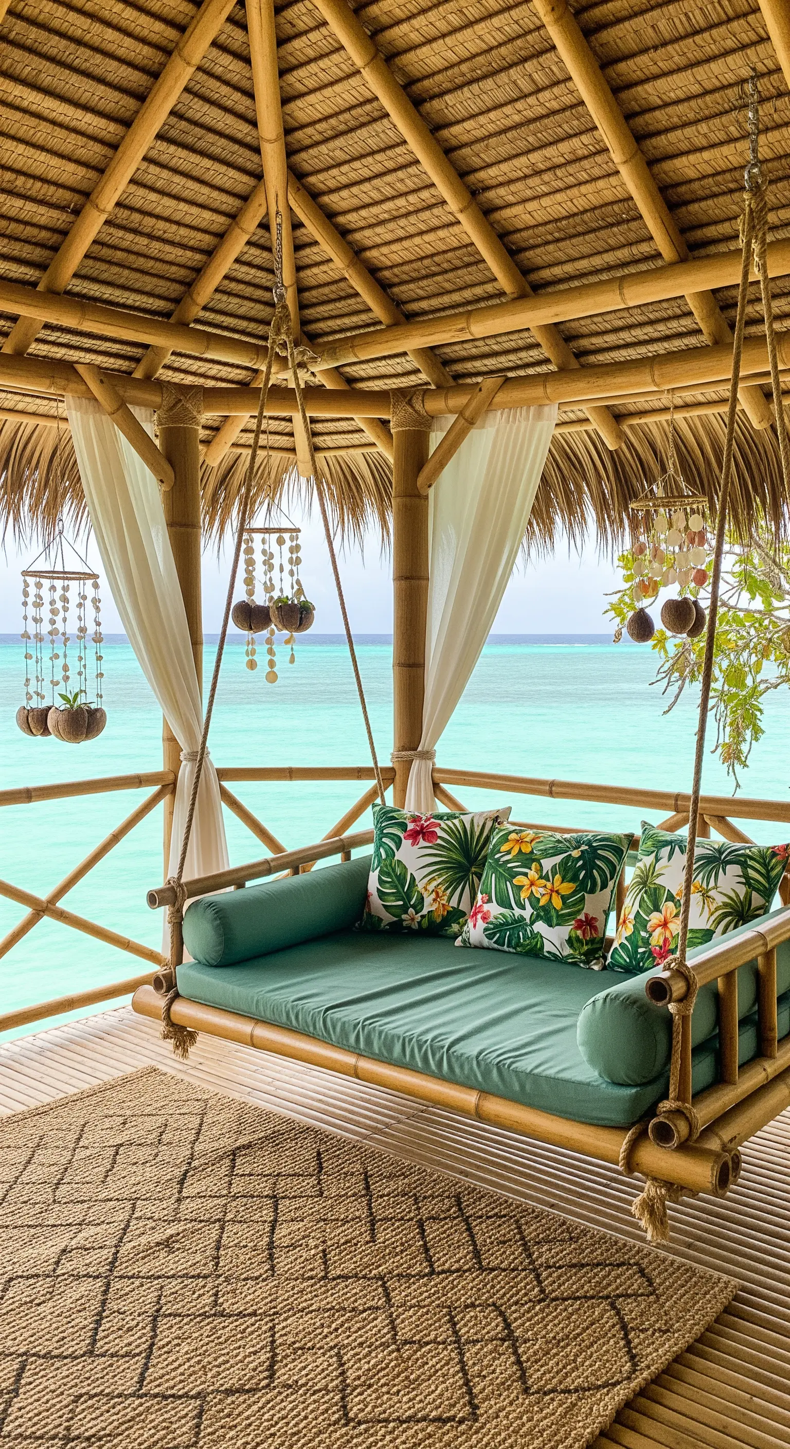 Gazebo in bambù sul mare con divano letto sospeso e cuscini a tema tropicale.