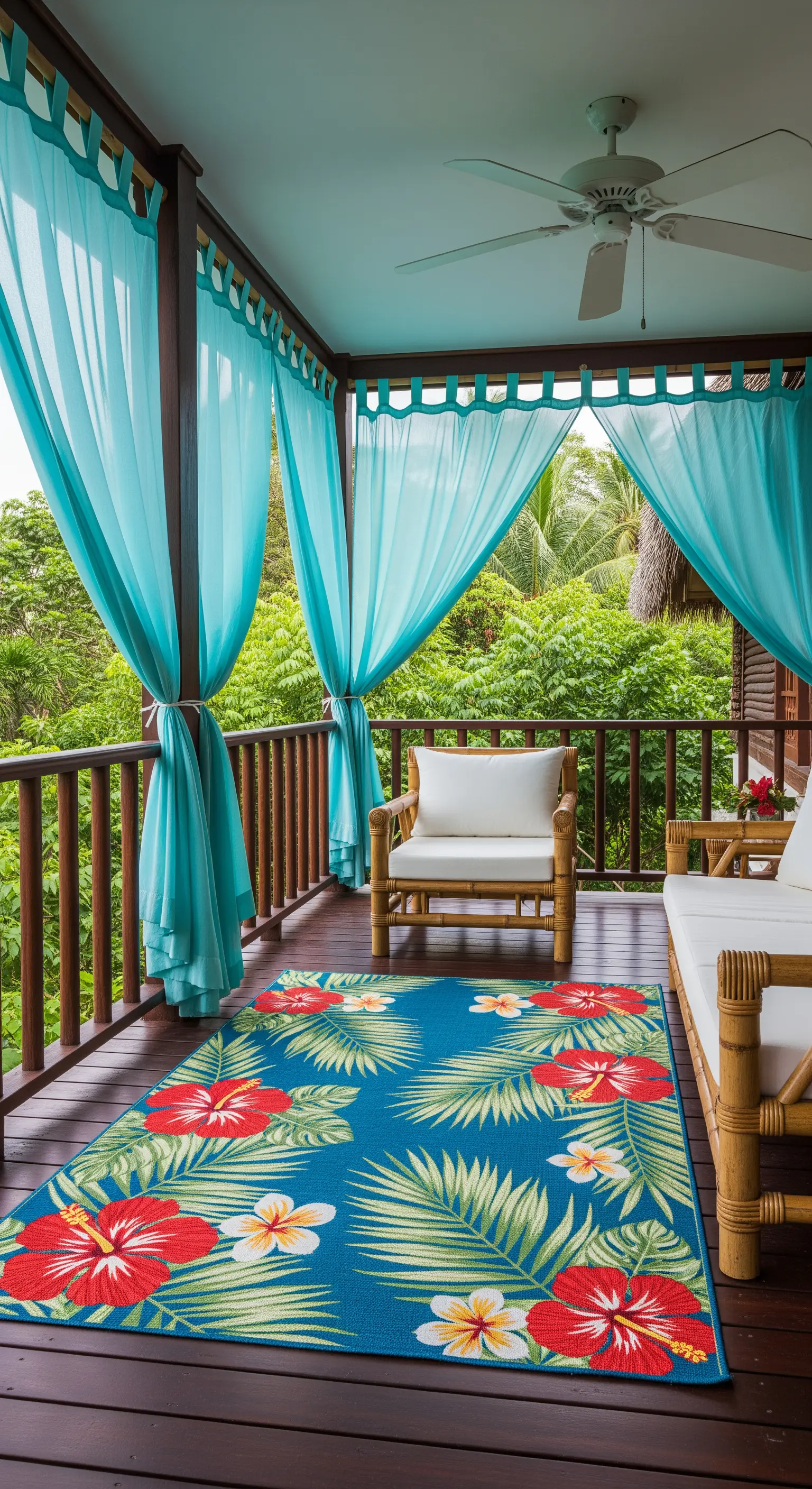 Veranda tropicale con mobili in bambù, tappeto con ibisco e tende turchesi.