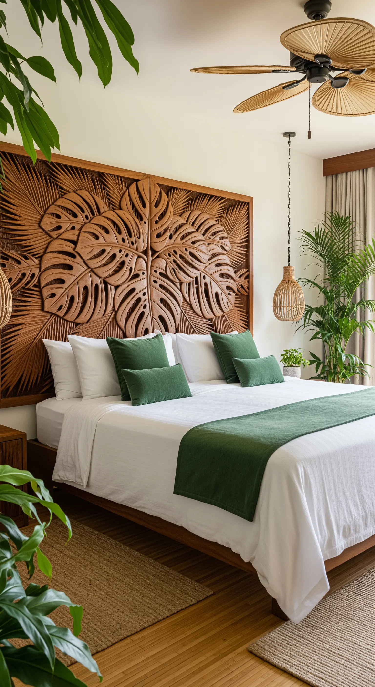 Grande testiera in legno intagliata con un motivo a foglie di Monstera in una camera tropicale.