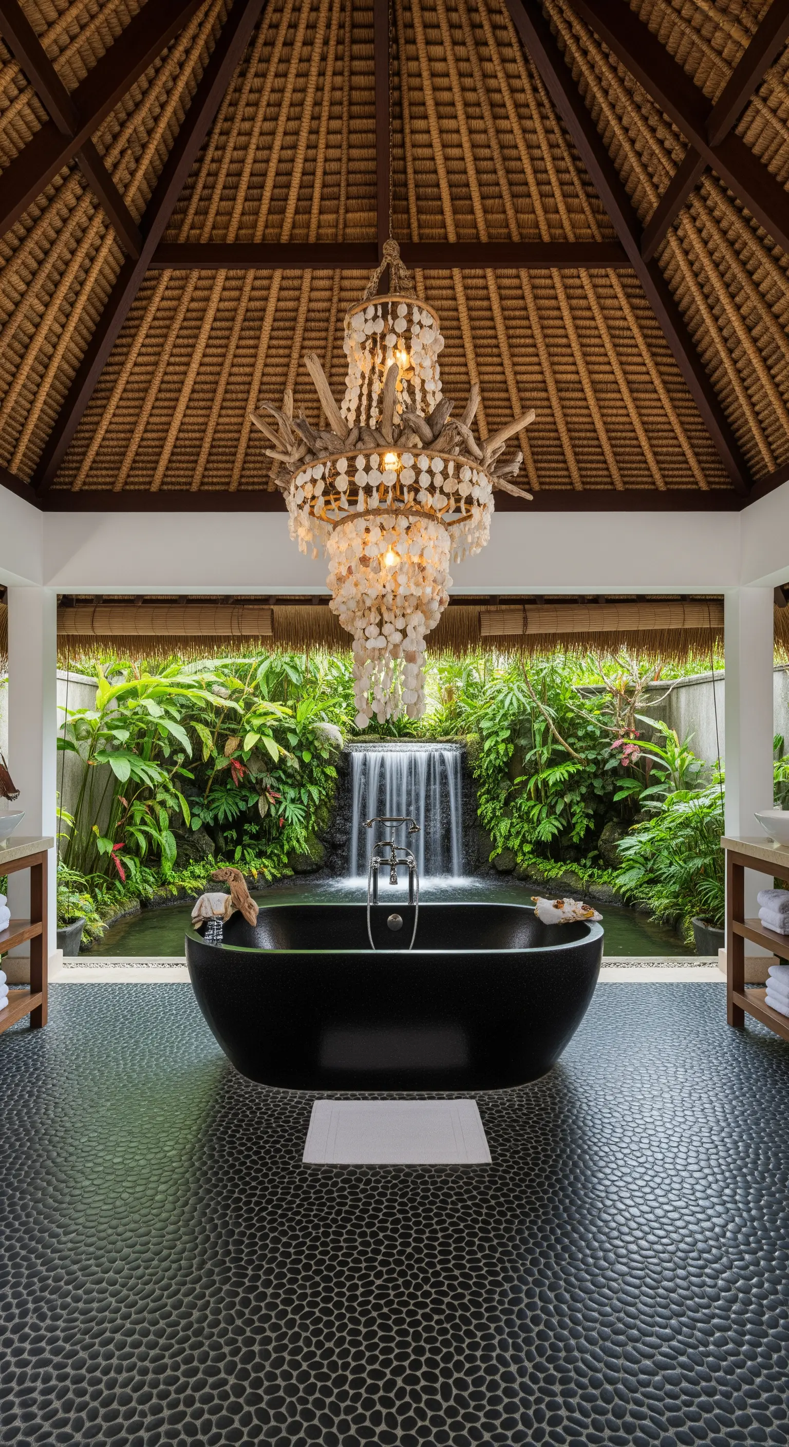 Bagno tropicale con cascata, piante lussureggianti e un lampadario fatto di conchiglie e legno.