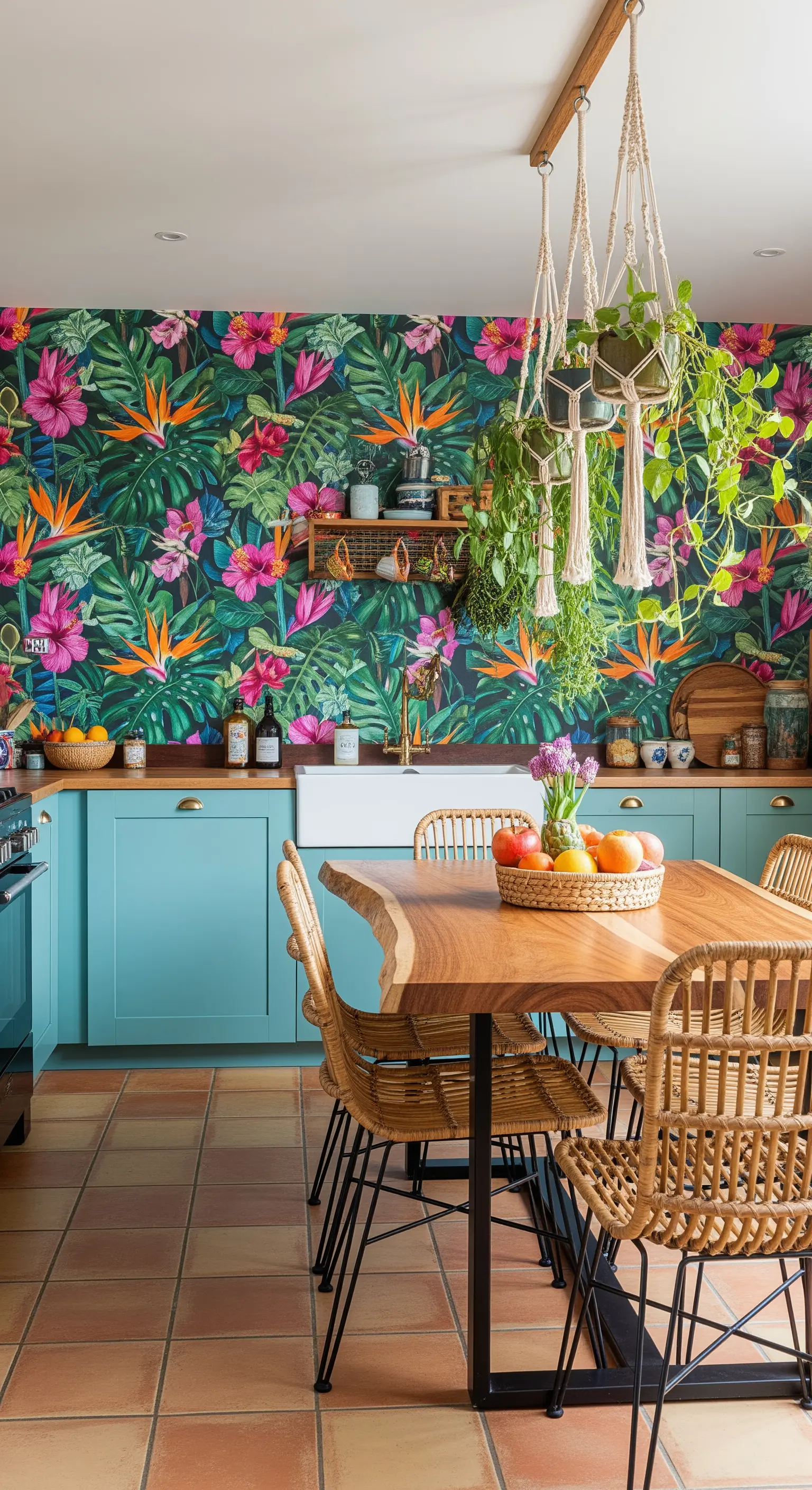 Cucina con carta da parati tropicale, mobili turchesi e sedie in rattan.