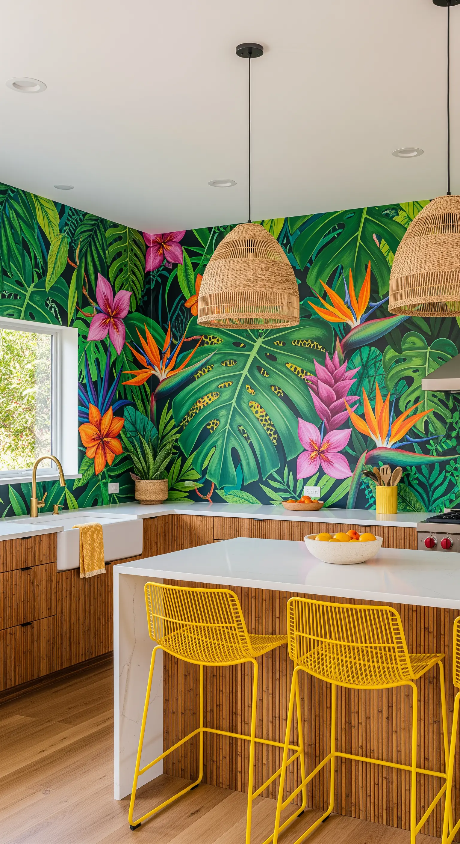 Cucina con murale a tema giungla tropicale, mobili in bambù e sgabelli gialli.