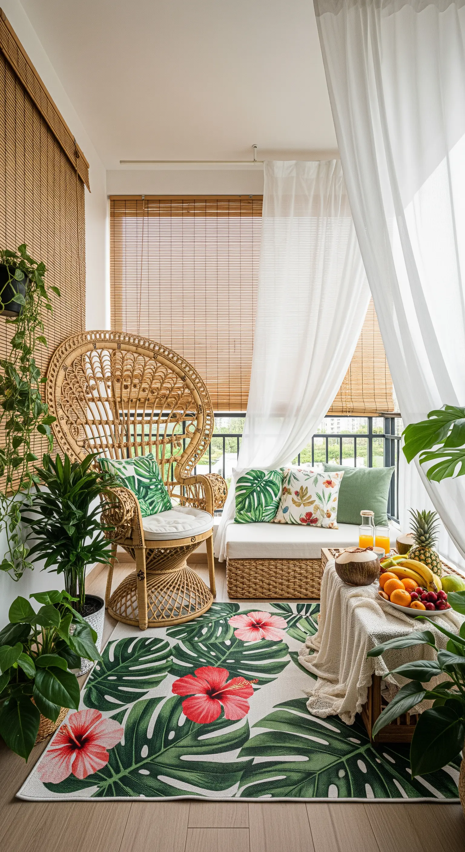 Balcone in stile tropicale con poltrona in rattan, piante e tappeto con foglie di monstera e ibisco.