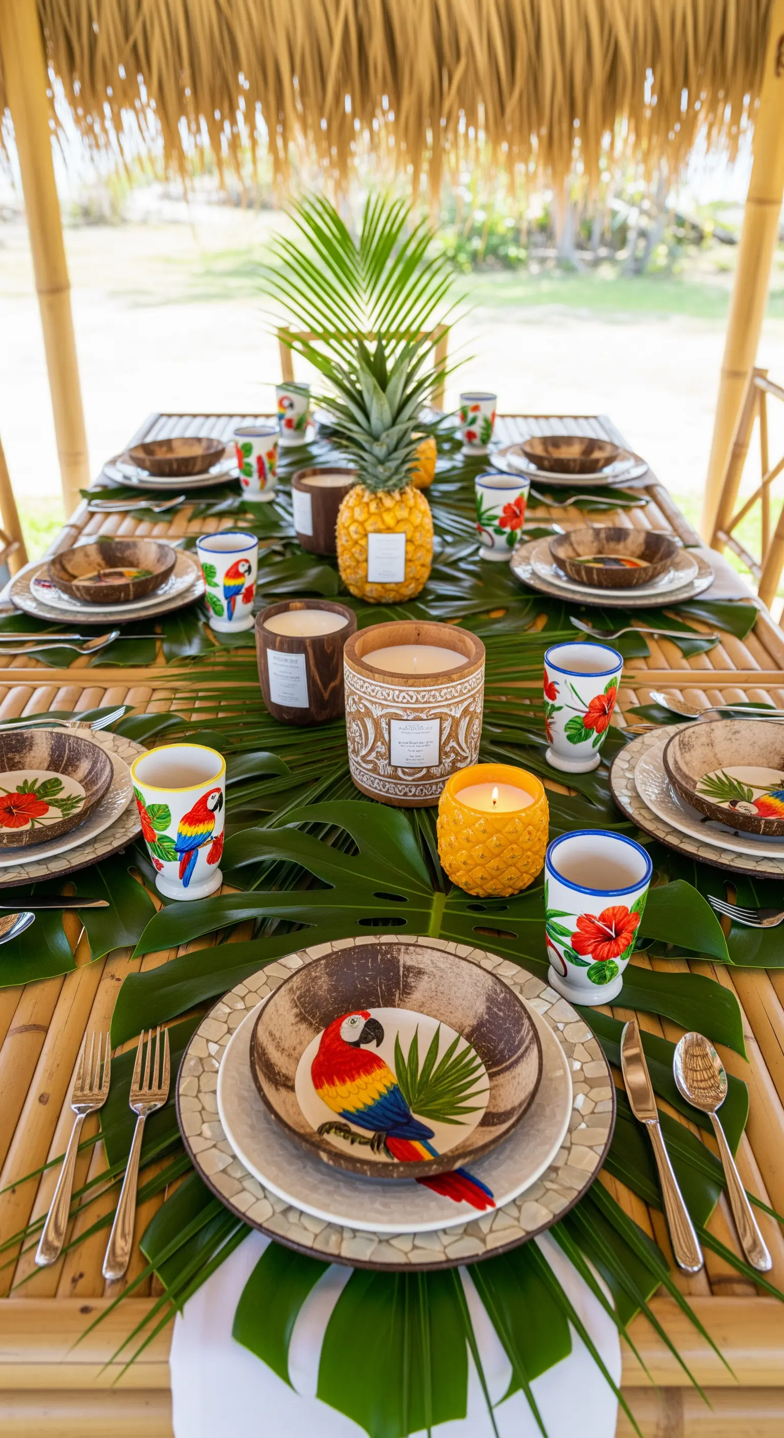 Tavola a tema tropicale con foglie di monstera come tovagliette e ciotole di cocco