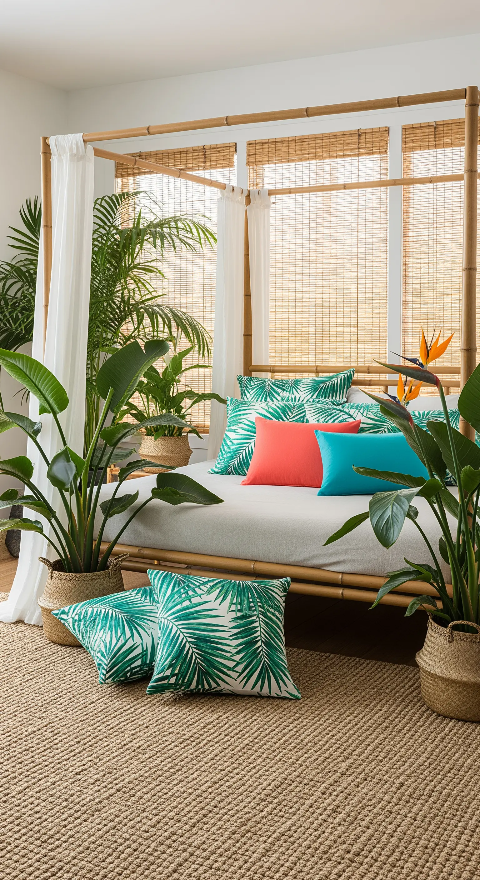 Camera da letto in stile tropicale con letto a baldacchino in bambù e tappeto in juta.