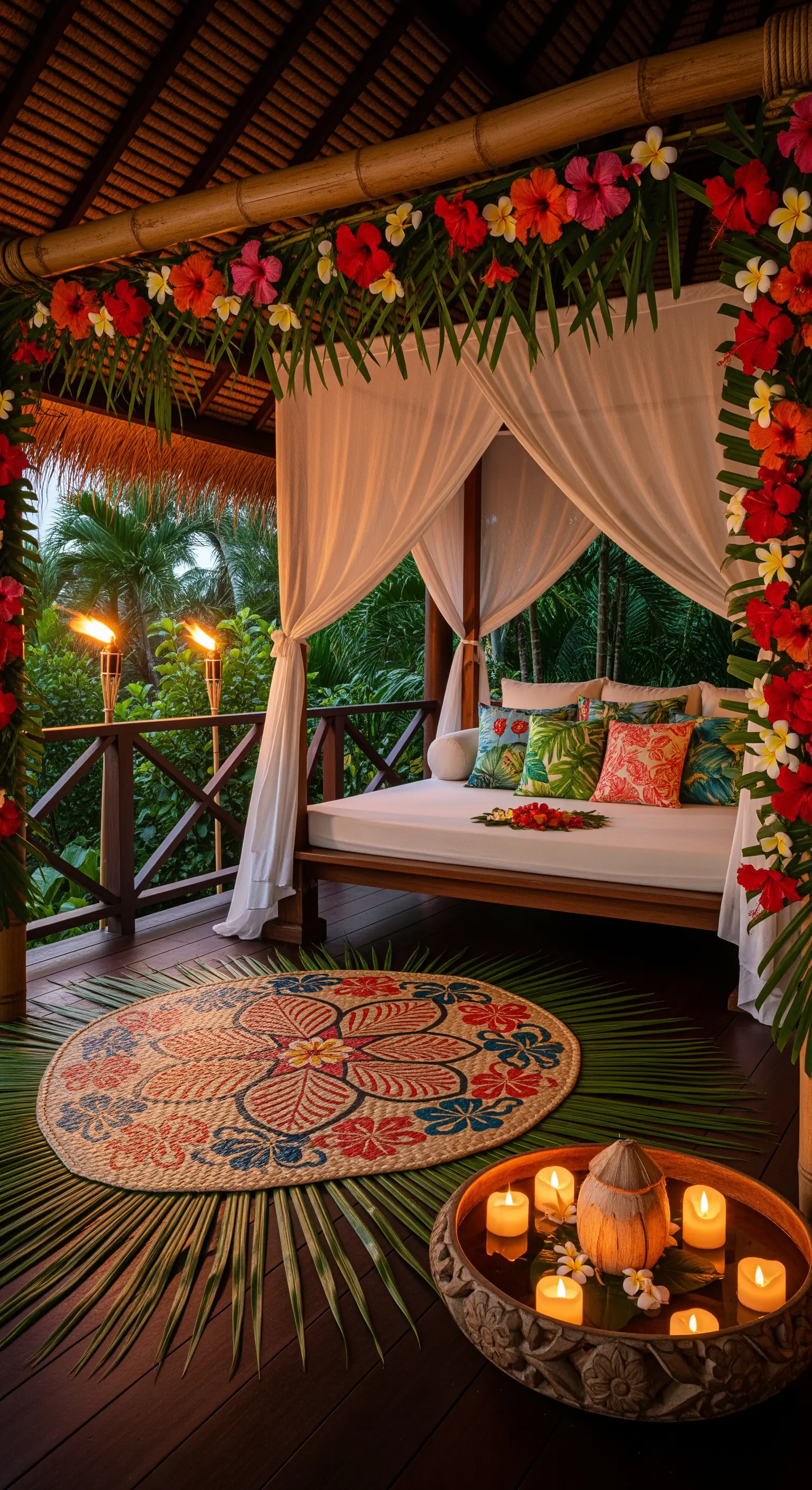 Letto da esterno in bambù con tende bianche, circondato da fiori e foglie tropicali.