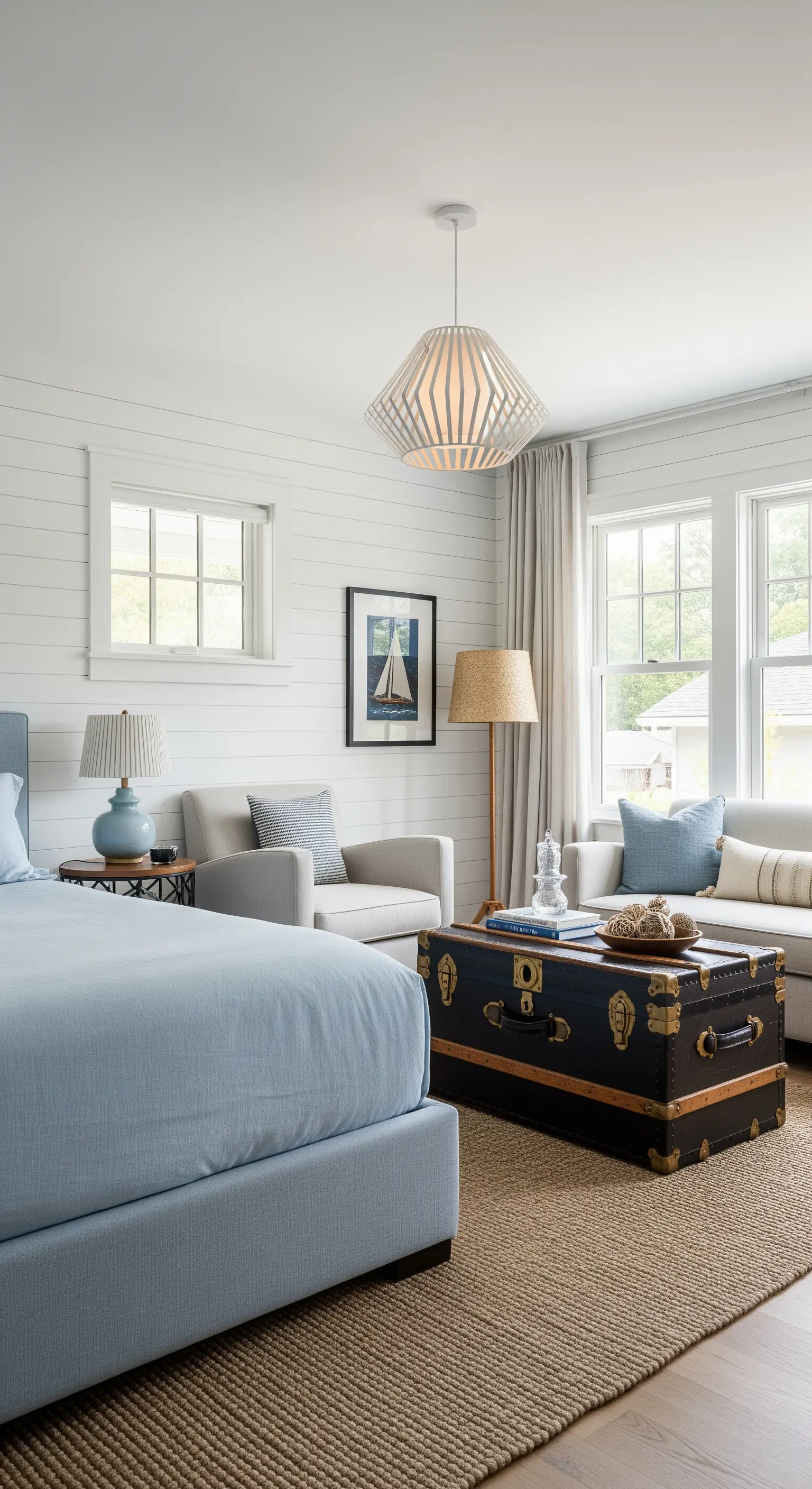 Baule da viaggio vintage utilizzato come tavolino in un'ampia camera da letto con zona salotto.