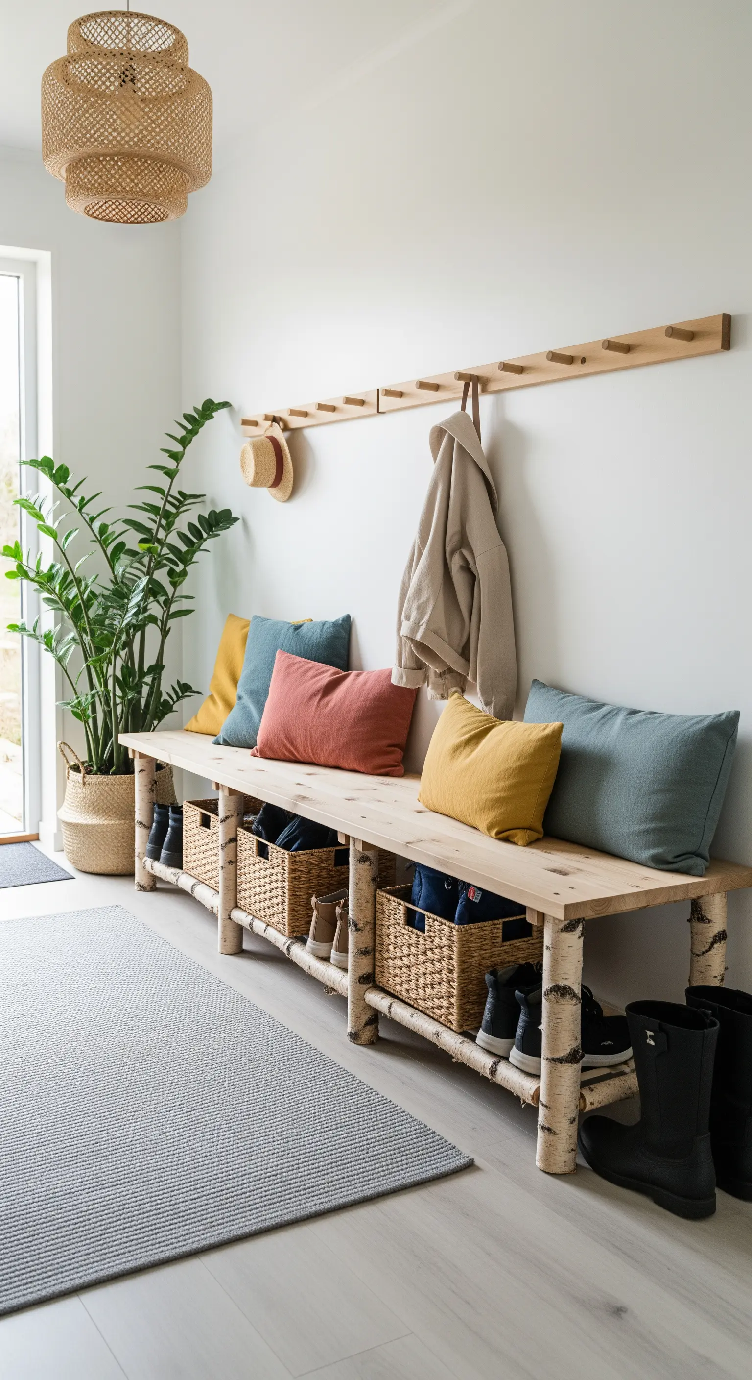Panca in legno con gambe in betulla, cuscini colorati in lino e ceste portaoggetti.