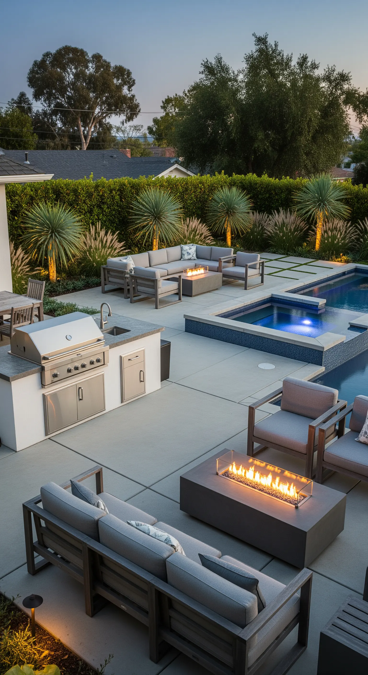 Giardino con cucina esterna, due aree lounge con braciere e piscina illuminata