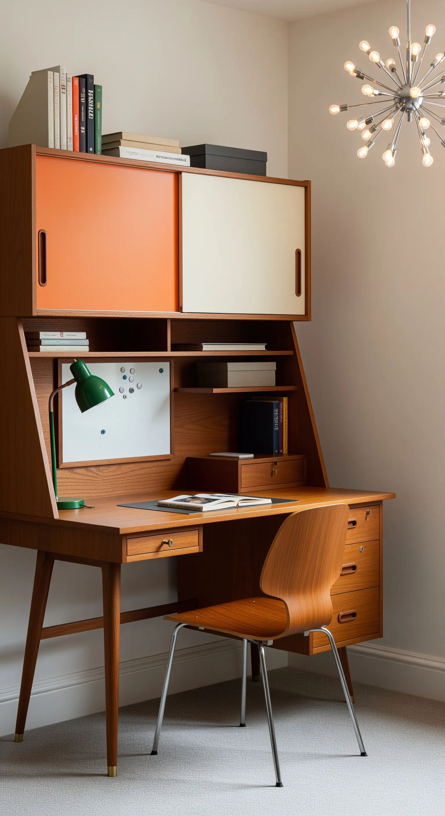 Scrivania a ribalta in stile mid-century con legno caldo e ante scorrevoli colorate.