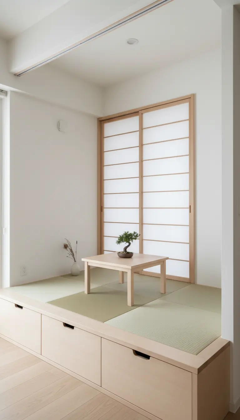 Piattaforma tatami rialzata in legno chiaro con cassetti contenitore integrati, ideale per piccoli spazi.