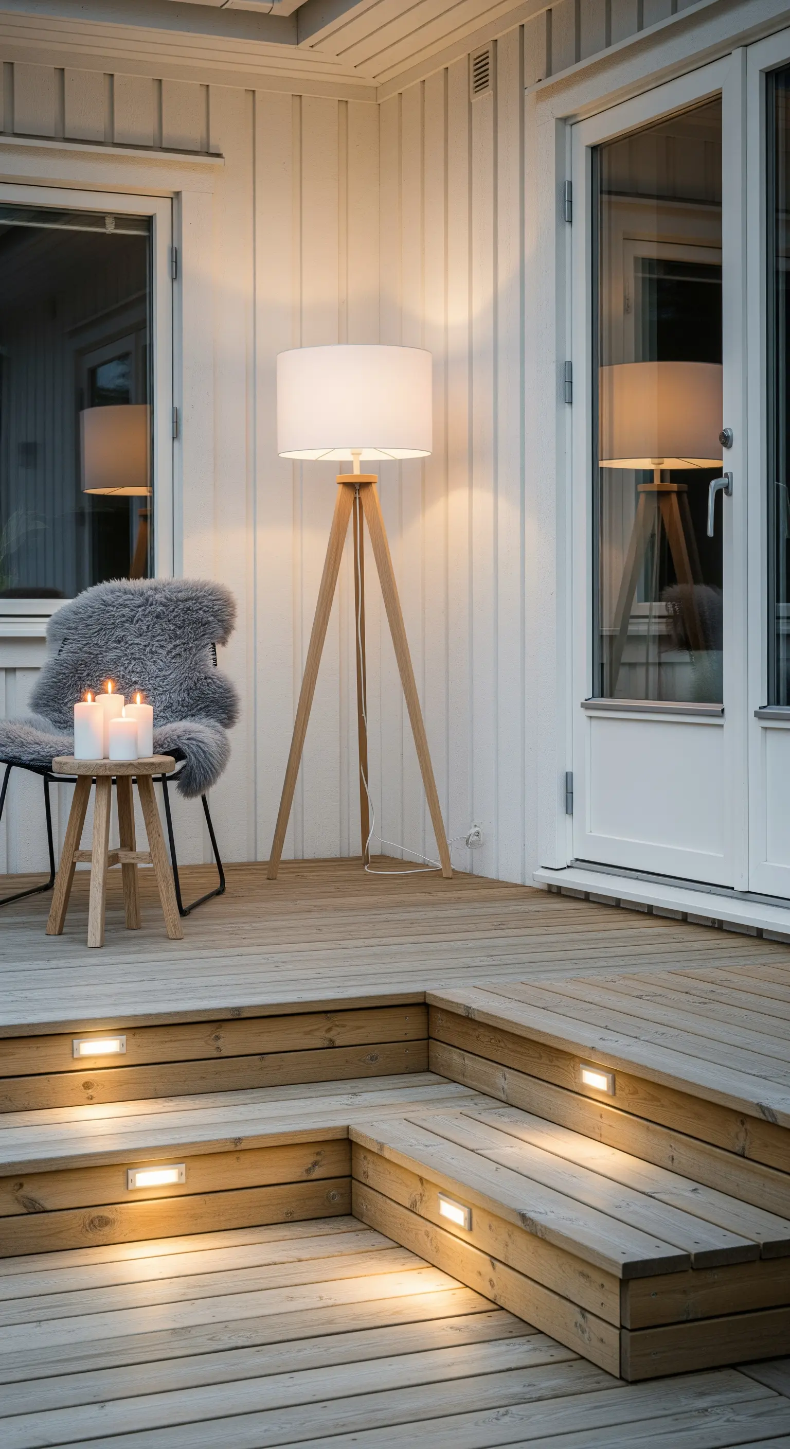 Terrazza in legno in stile scandinavo con lampada a treppiede e faretti nei gradini.