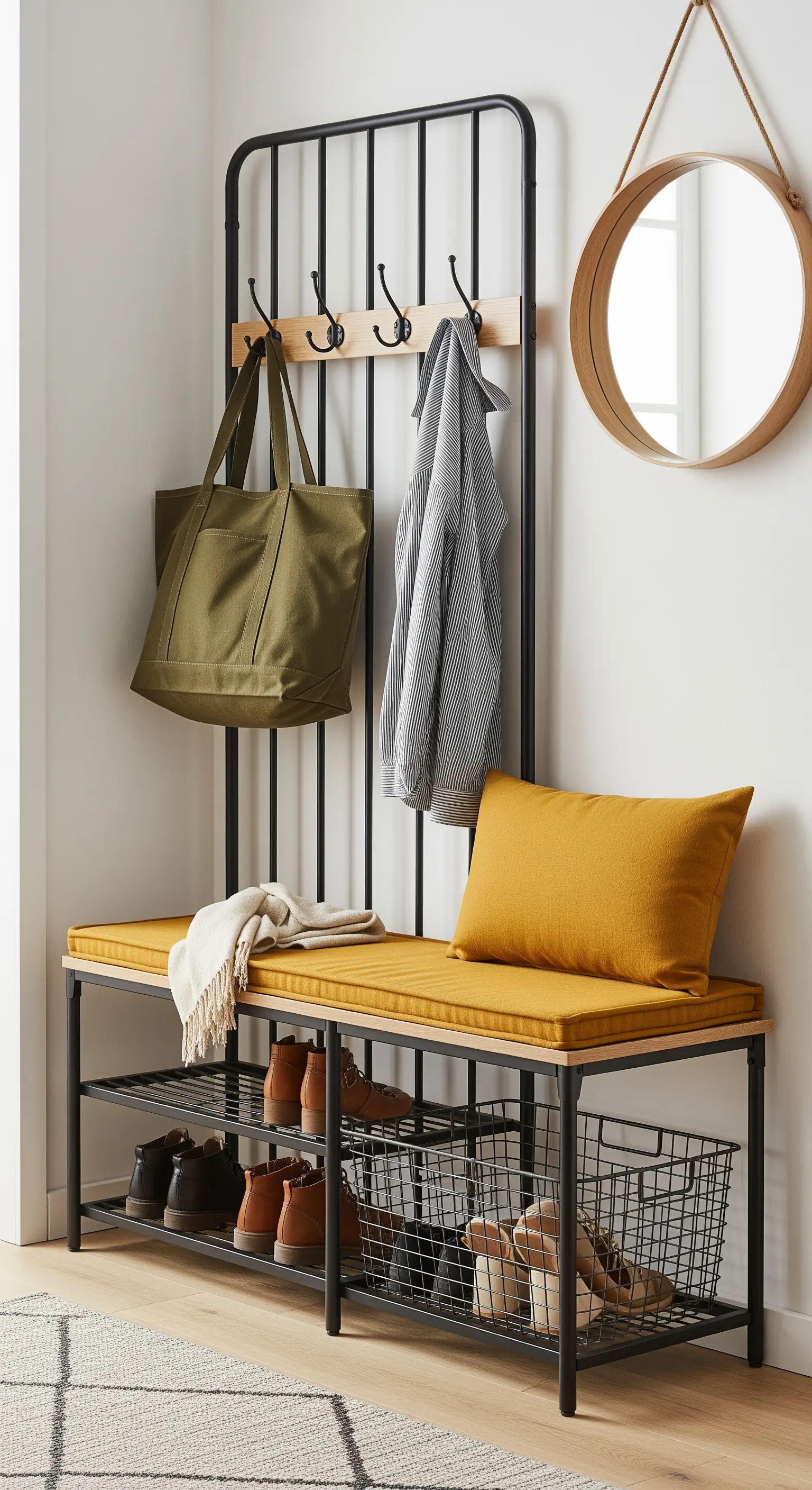 Mobile da ingresso nero con panca, cuscino senape e borsa verde oliva appesa.