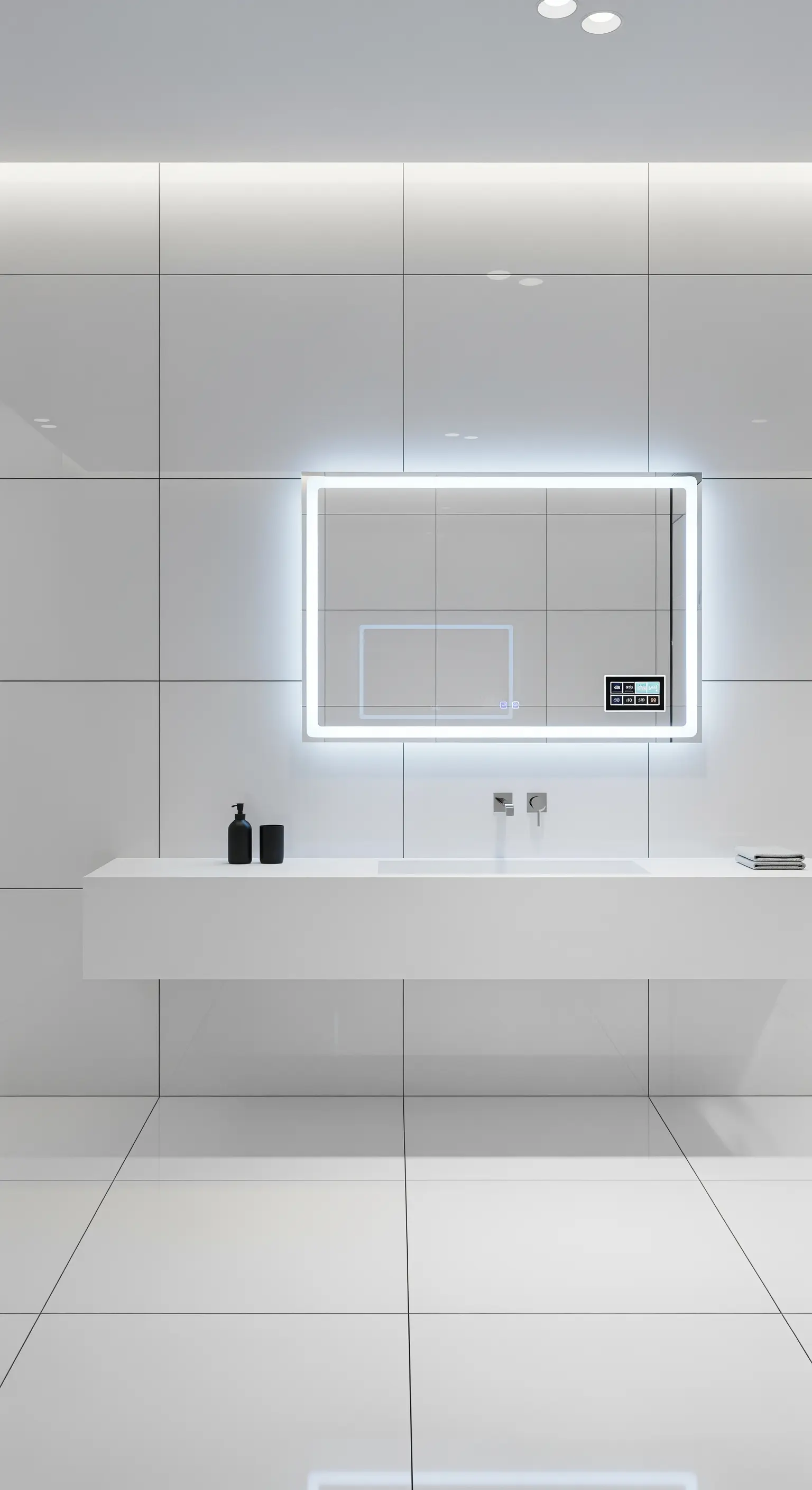 Specchio smart retroilluminato in un bagno minimalista con piastrelle bianche lucide.