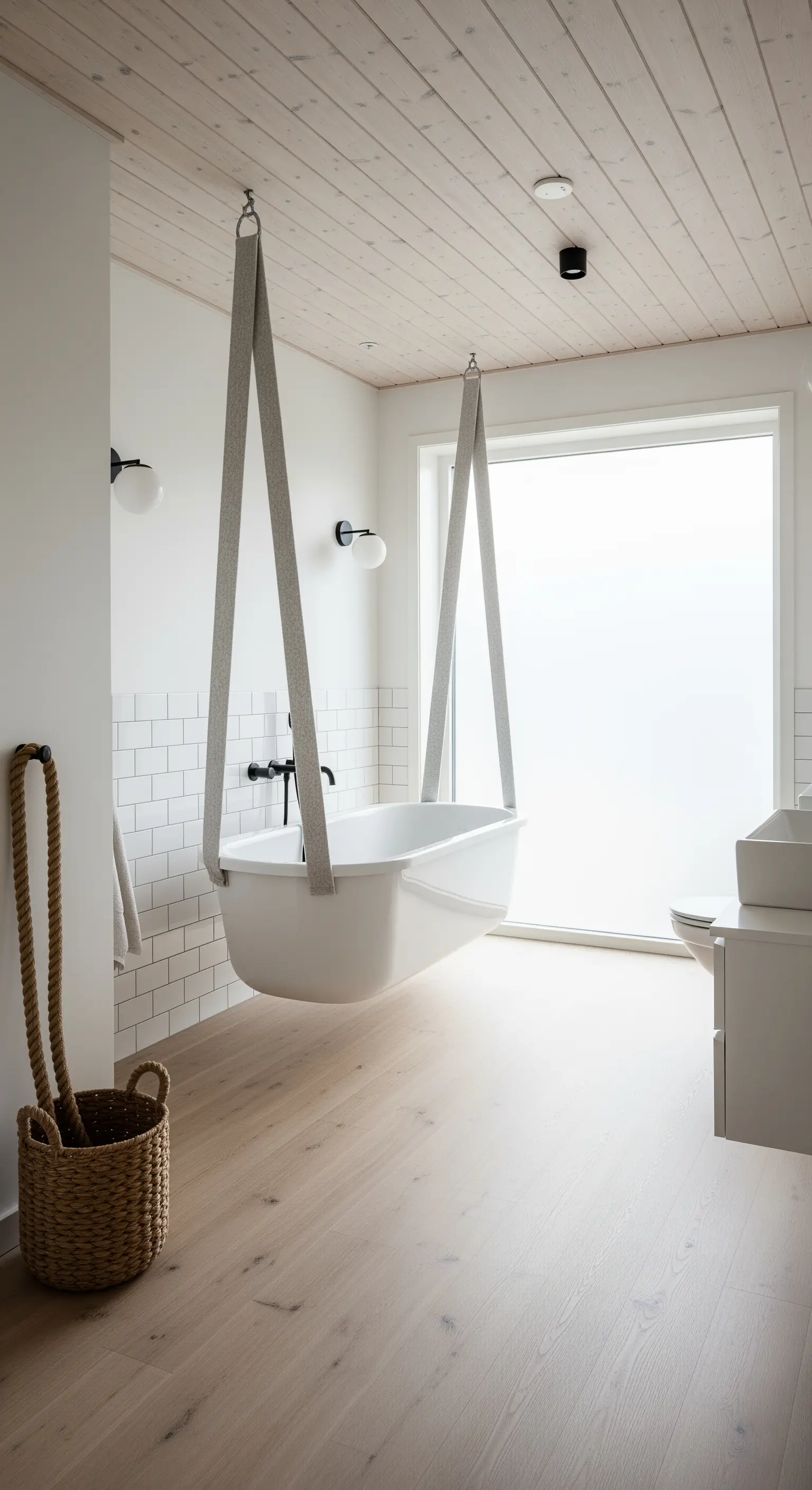Vasca bianca sospesa con cinghie di tessuto grigio in un bagno in stile scandinavo.