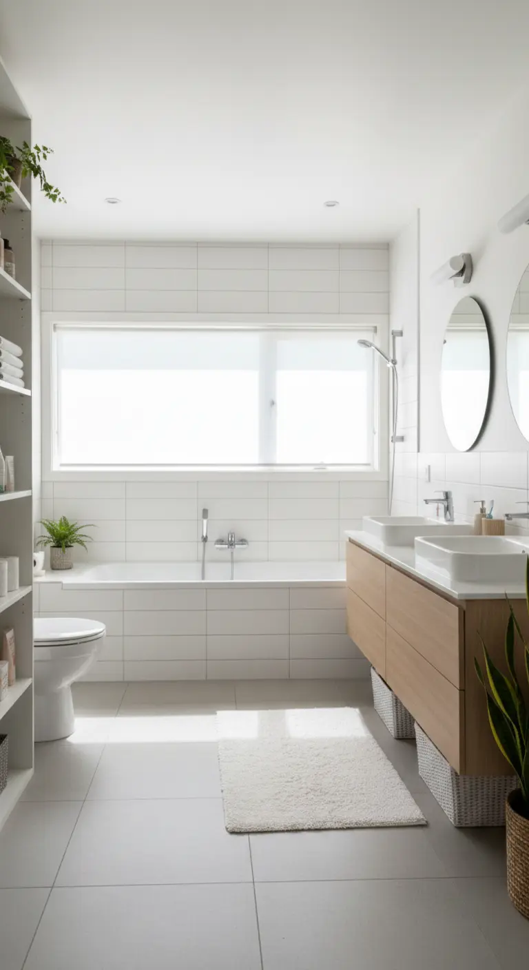 Bagno in stile scandinavo con piastrelle bianche, mobile in legno chiaro e tenda a rullo sulla finestra.