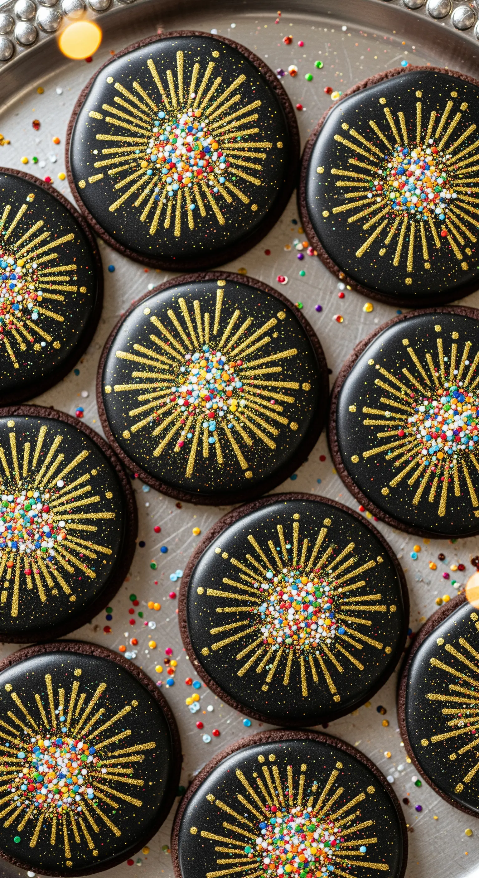 Biscotti neri decorati con fuochi d'artificio dorati e zuccherini colorati al centro.
