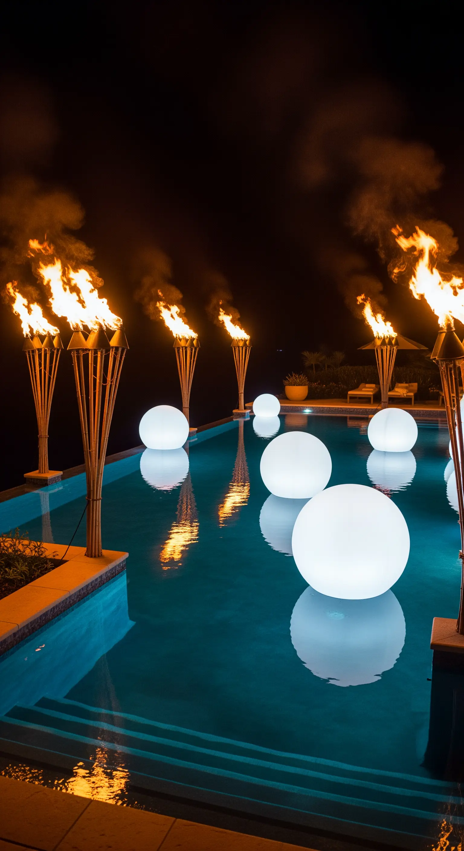 Piscina notturna con sfere luminose galleggianti e torce tiki accese sul bordo.