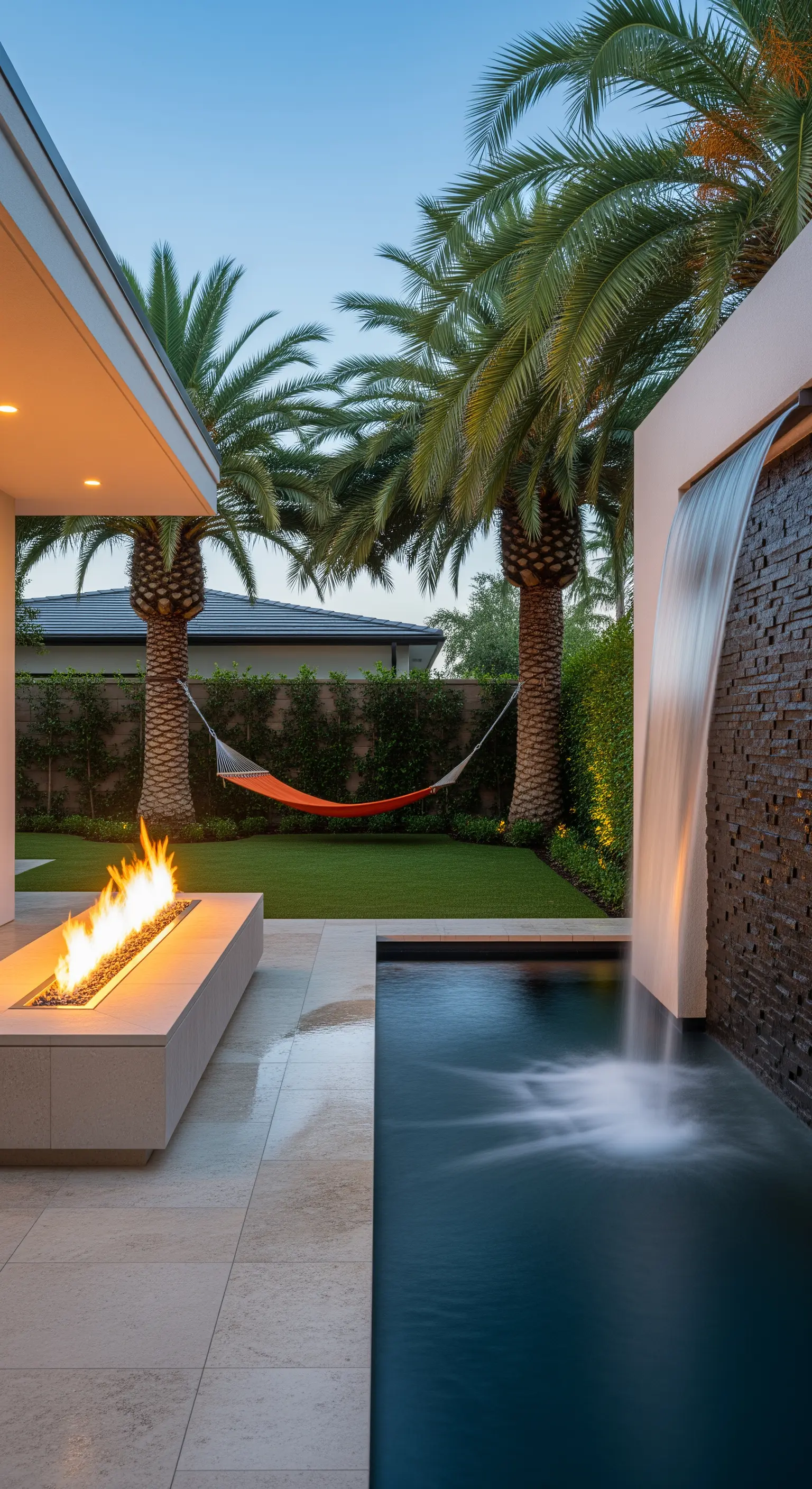 Giardino moderno con braciere lineare acceso, piscina stretta con cascata e amaca arancione sullo sfondo