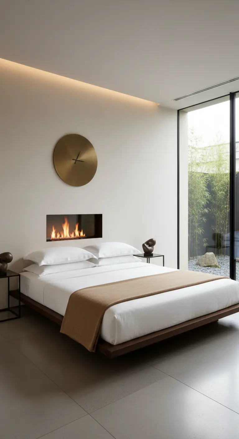 Camera minimalista con un camino lineare incassato nella parete dietro al letto.