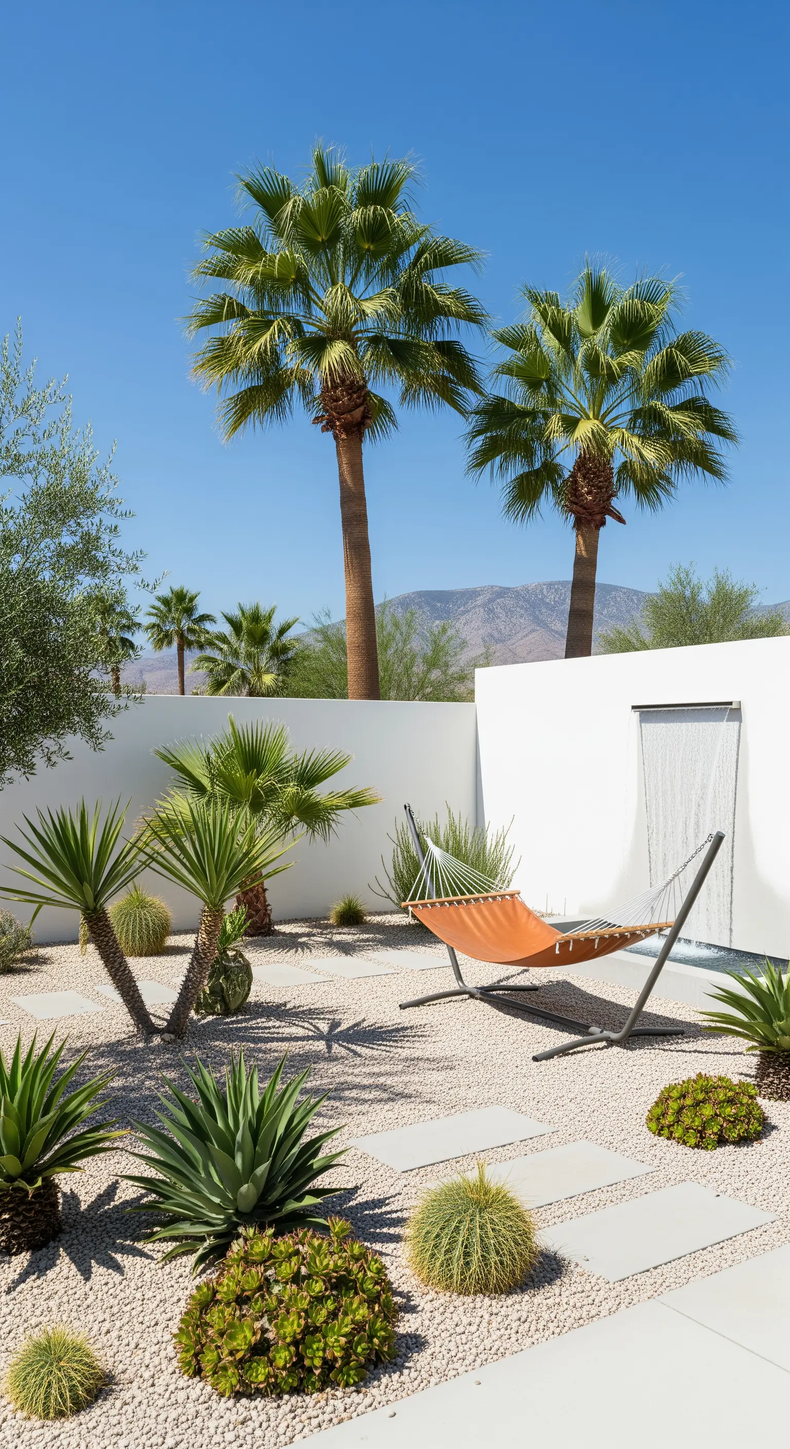 Giardino desertico minimalista con amaca in pelle, palme e cascata a parete.