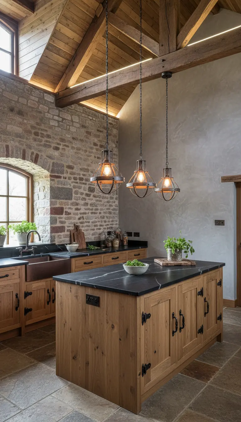 Cucina rustica con travi a vista, pareti in pietra e lampade a sospensione industriali.