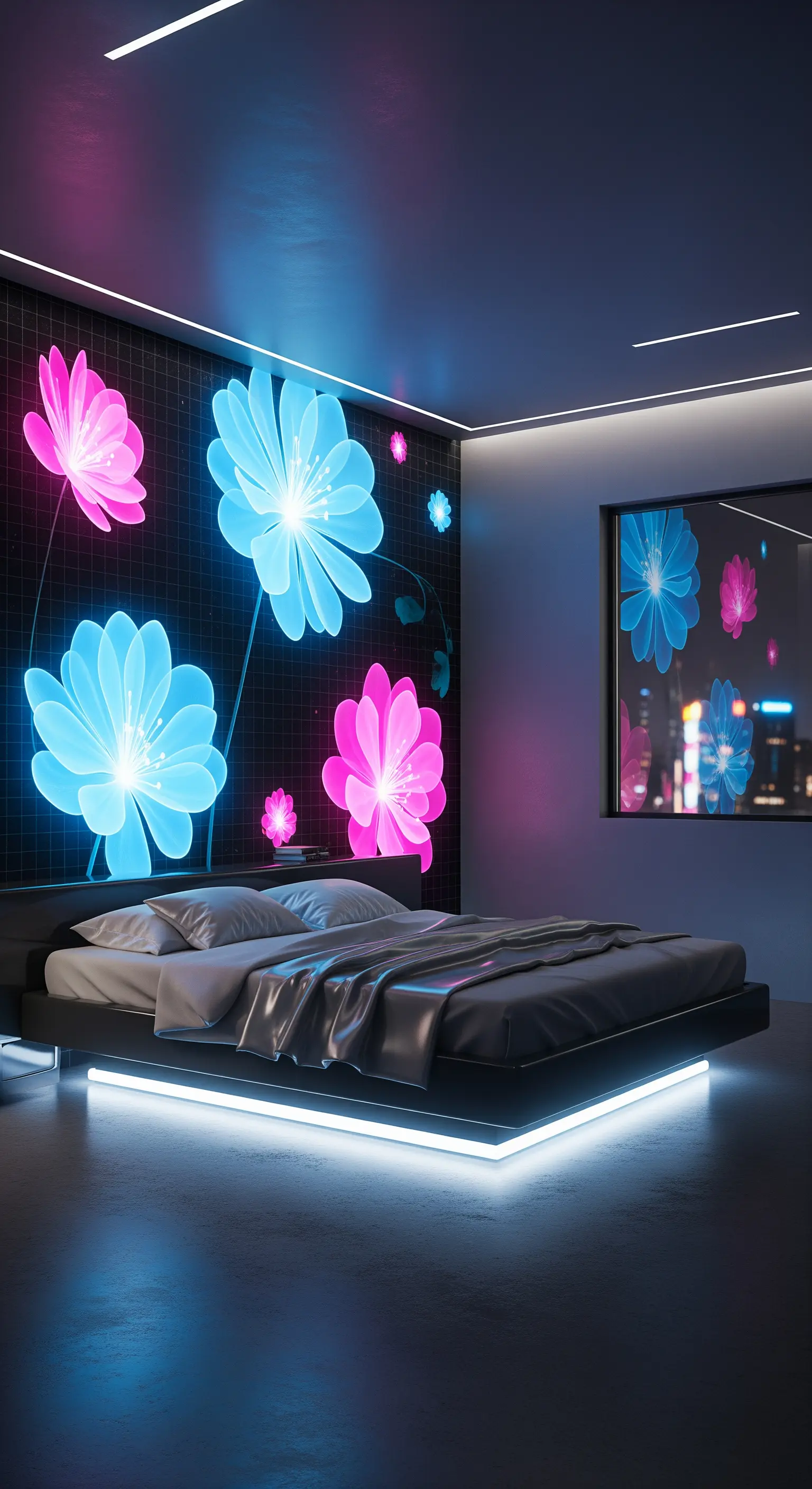 Fiori al neon blu e rosa su una parete nera in una camera da letto con letto sospeso a LED.