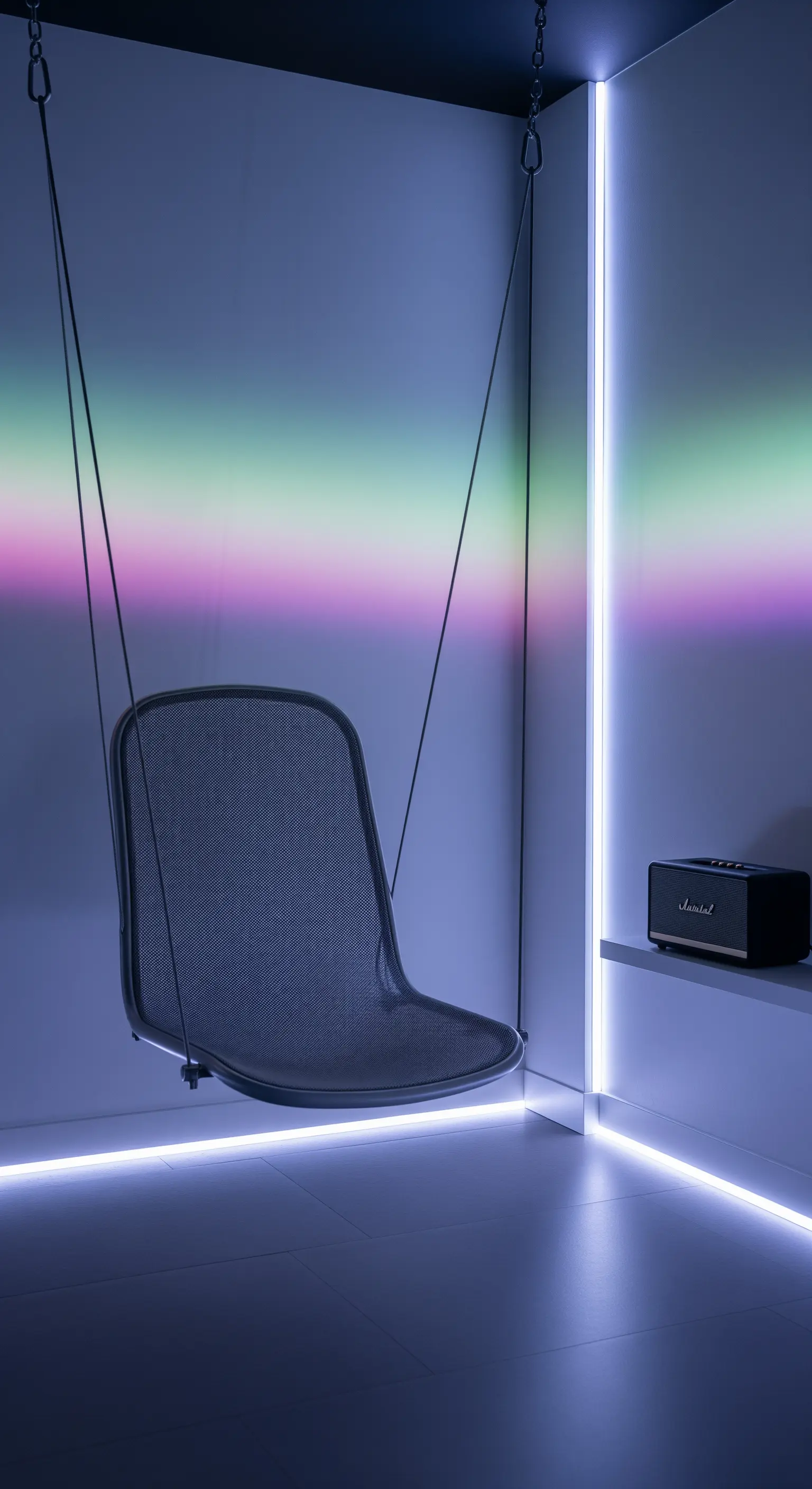 Seduta sospesa minimale in una stanza illuminata da strisce LED colorate.