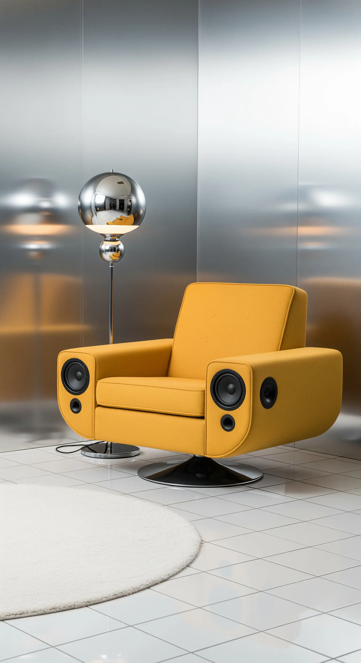 Poltrona senape con speaker integrati di fronte a una parete metallica, con lampada cromata.